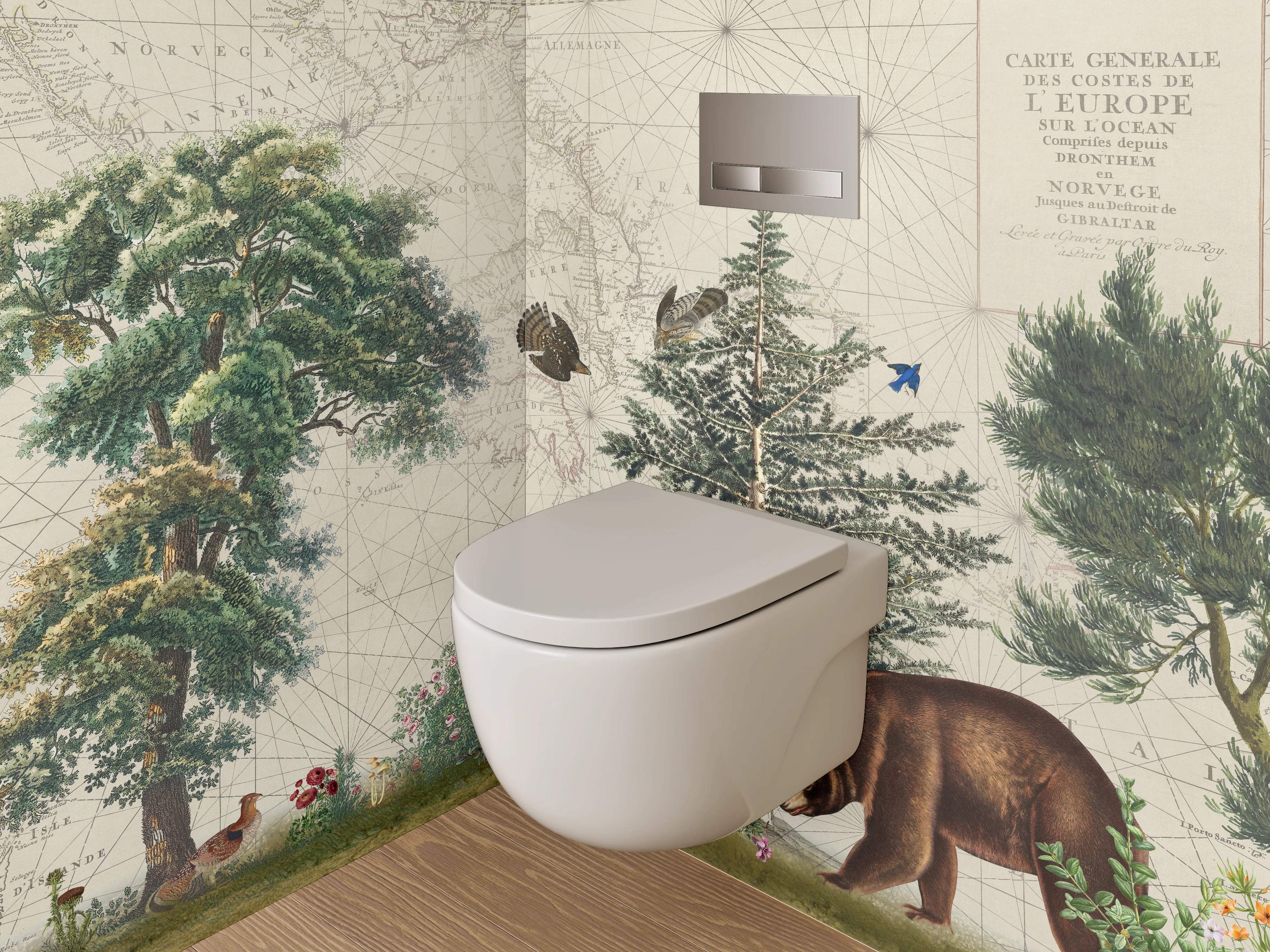 WC-Rückwand - Waldtiere auf antiker Weltkarte