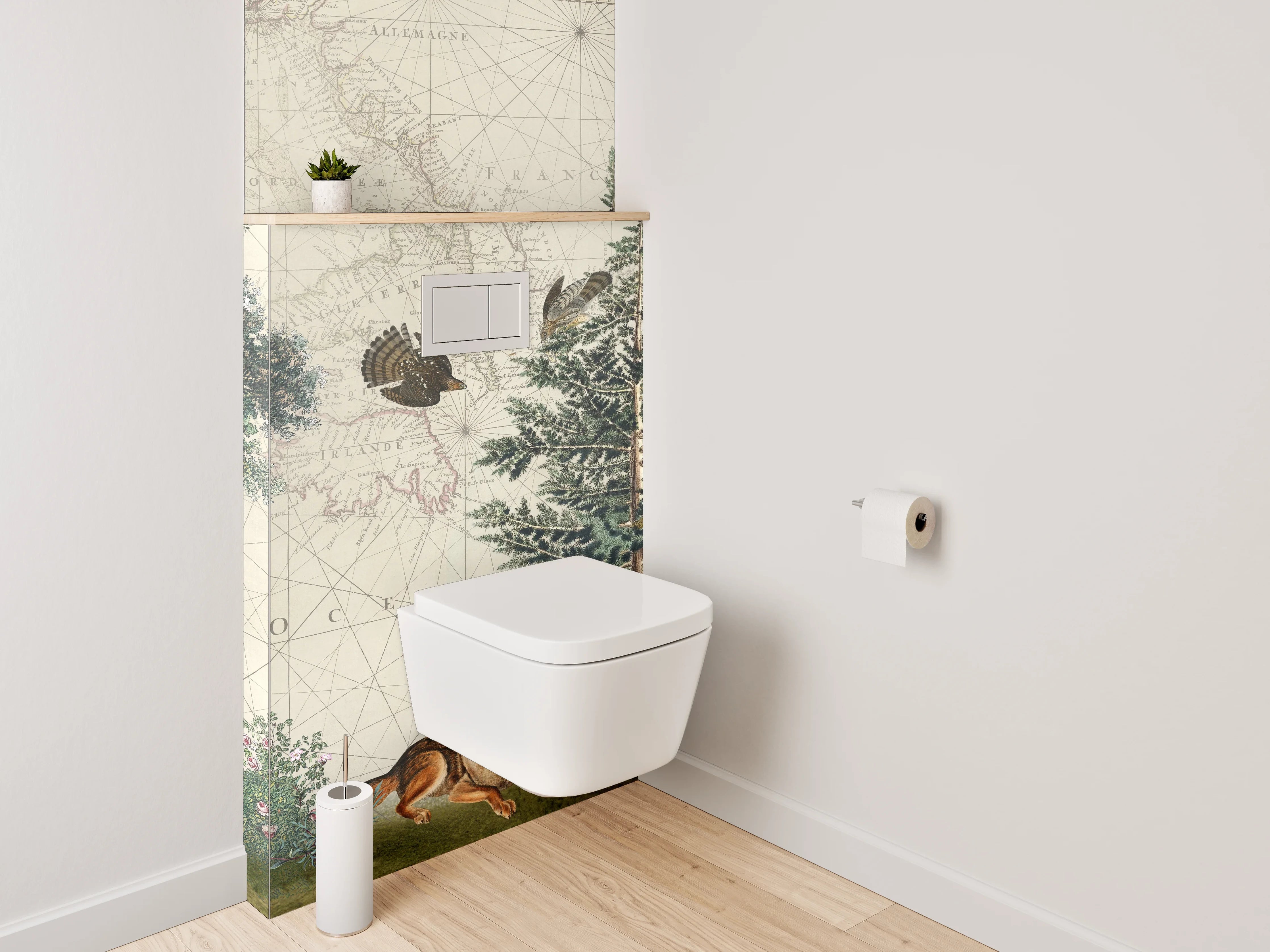 WC-Rückwand - Waldtiere auf antiker Weltkarte