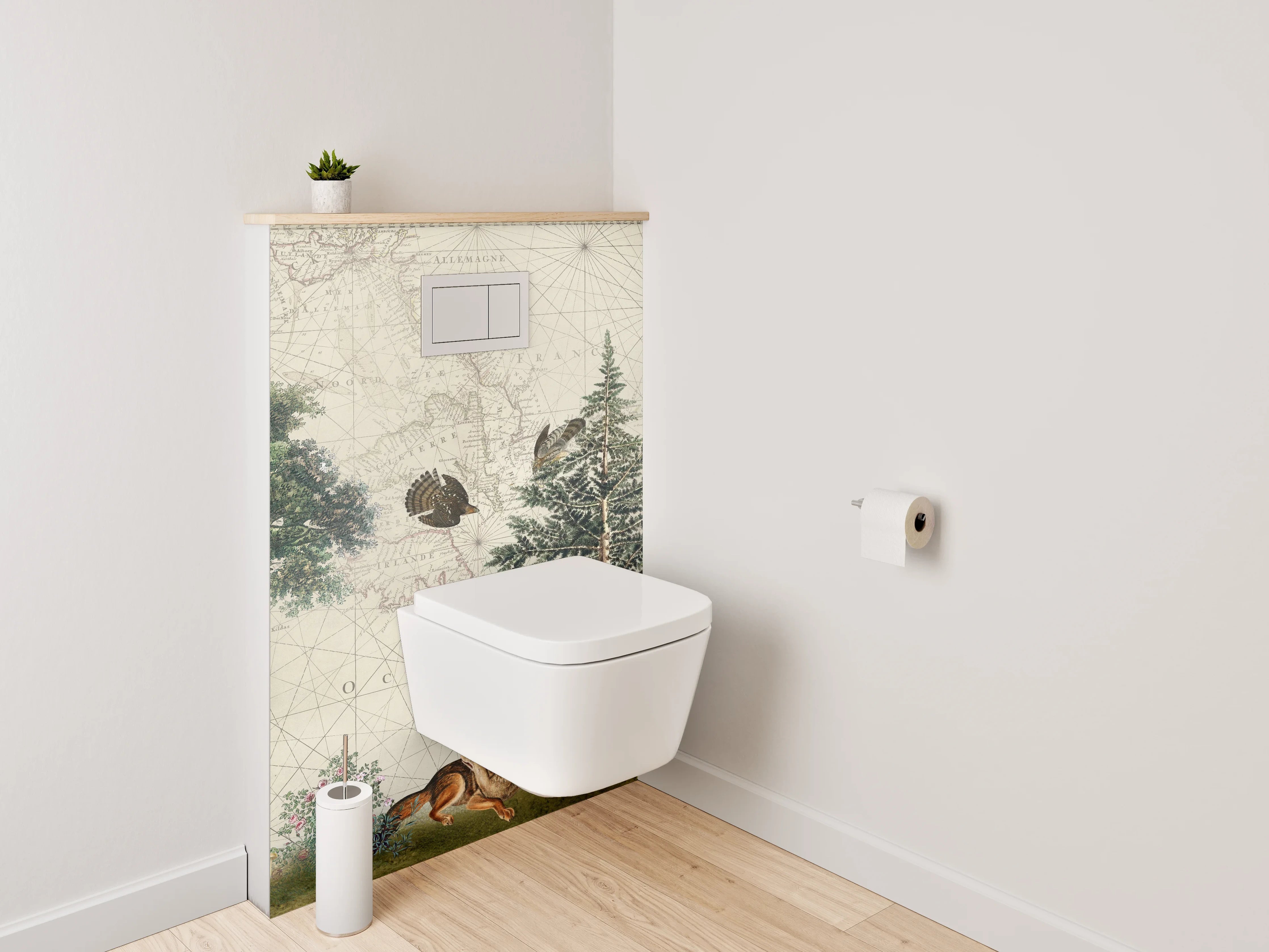WC-Rückwand - Waldtiere auf antiker Weltkarte