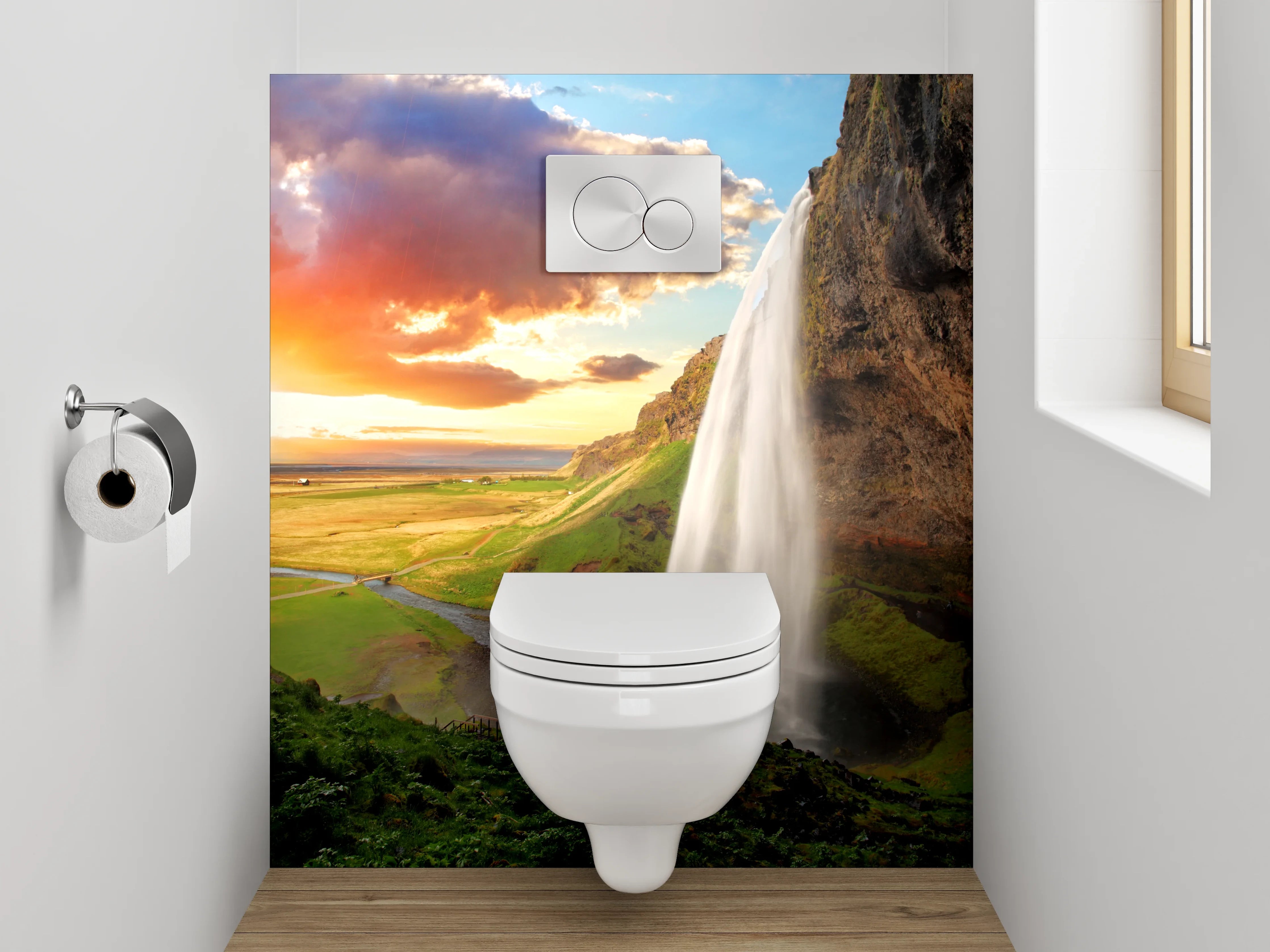 WC-Rückwand - Wasserfall im Sonnenuntergang Panorama