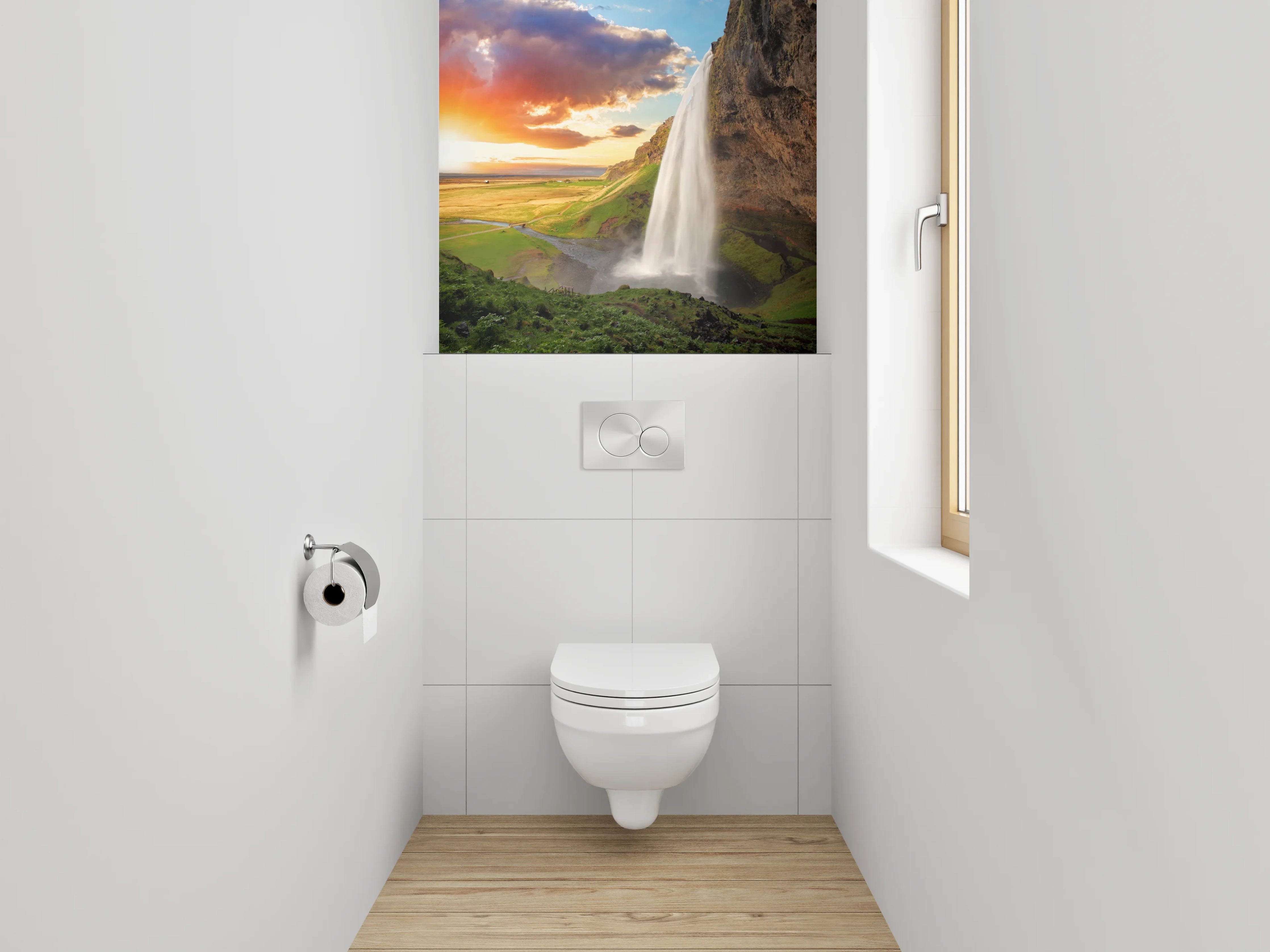 WC-Rückwand - Wasserfall im Sonnenuntergang Panorama