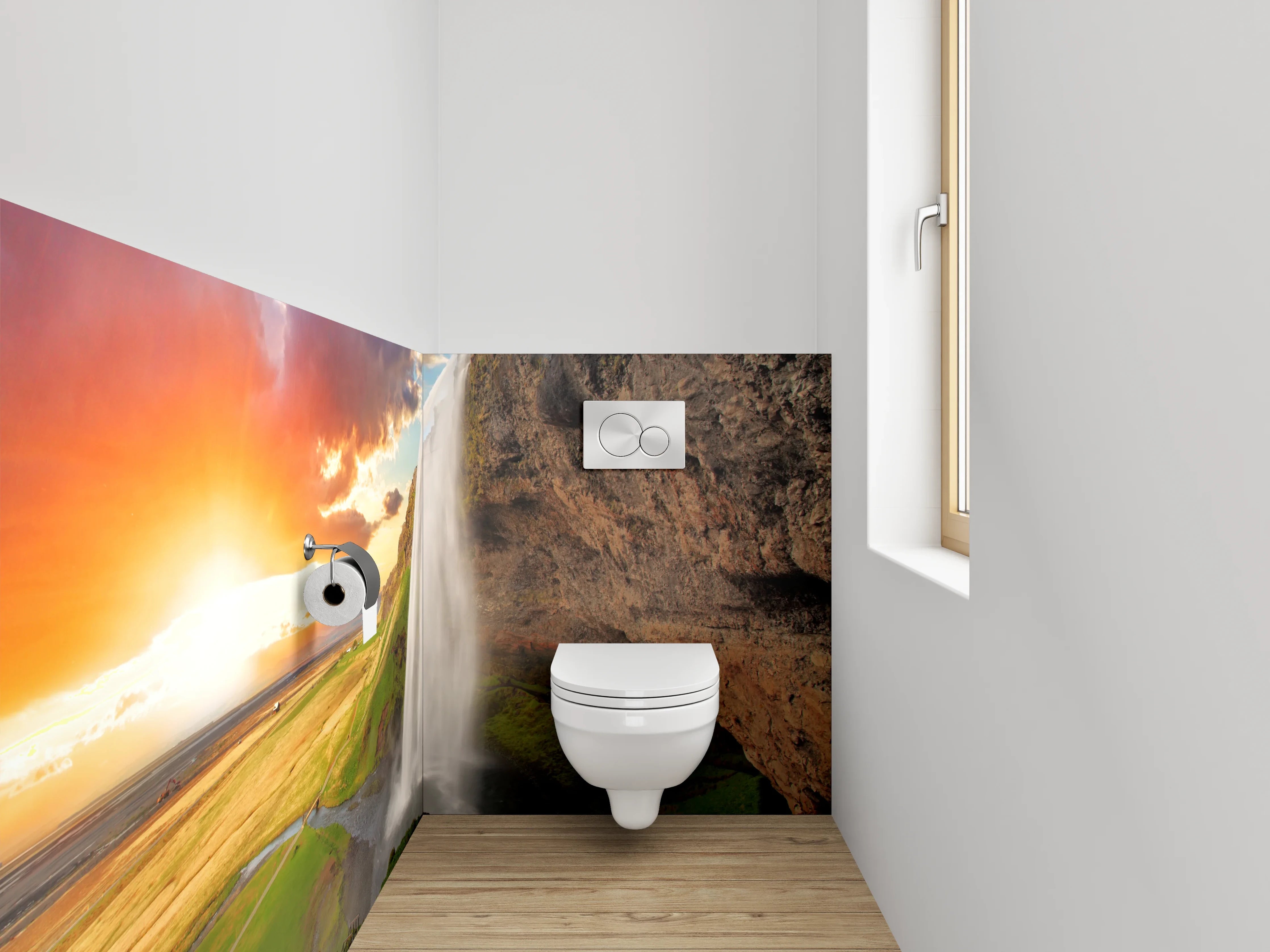 WC-Rückwand - Wasserfall im Sonnenuntergang Panorama