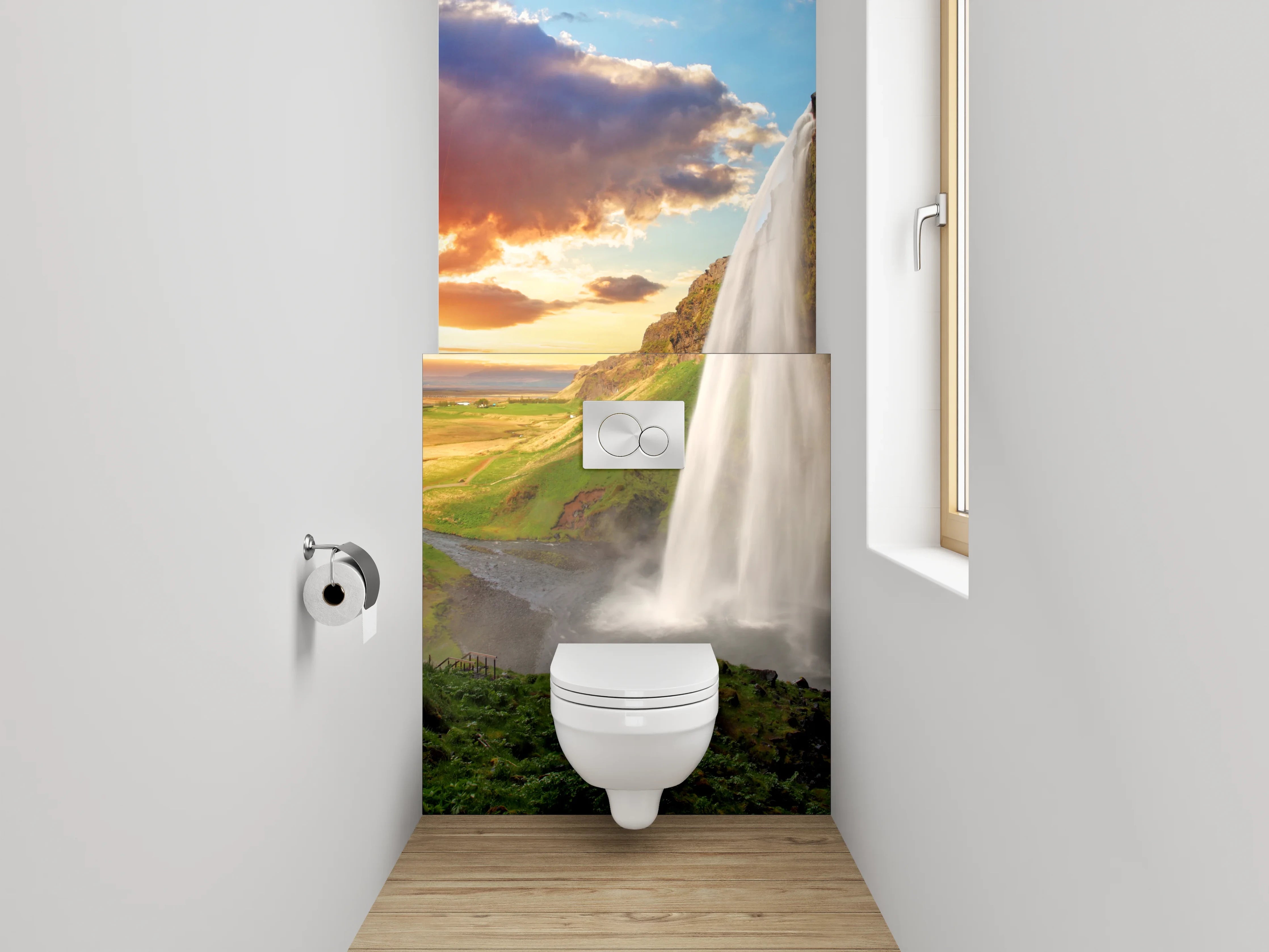 WC-Rückwand - Wasserfall im Sonnenuntergang Panorama