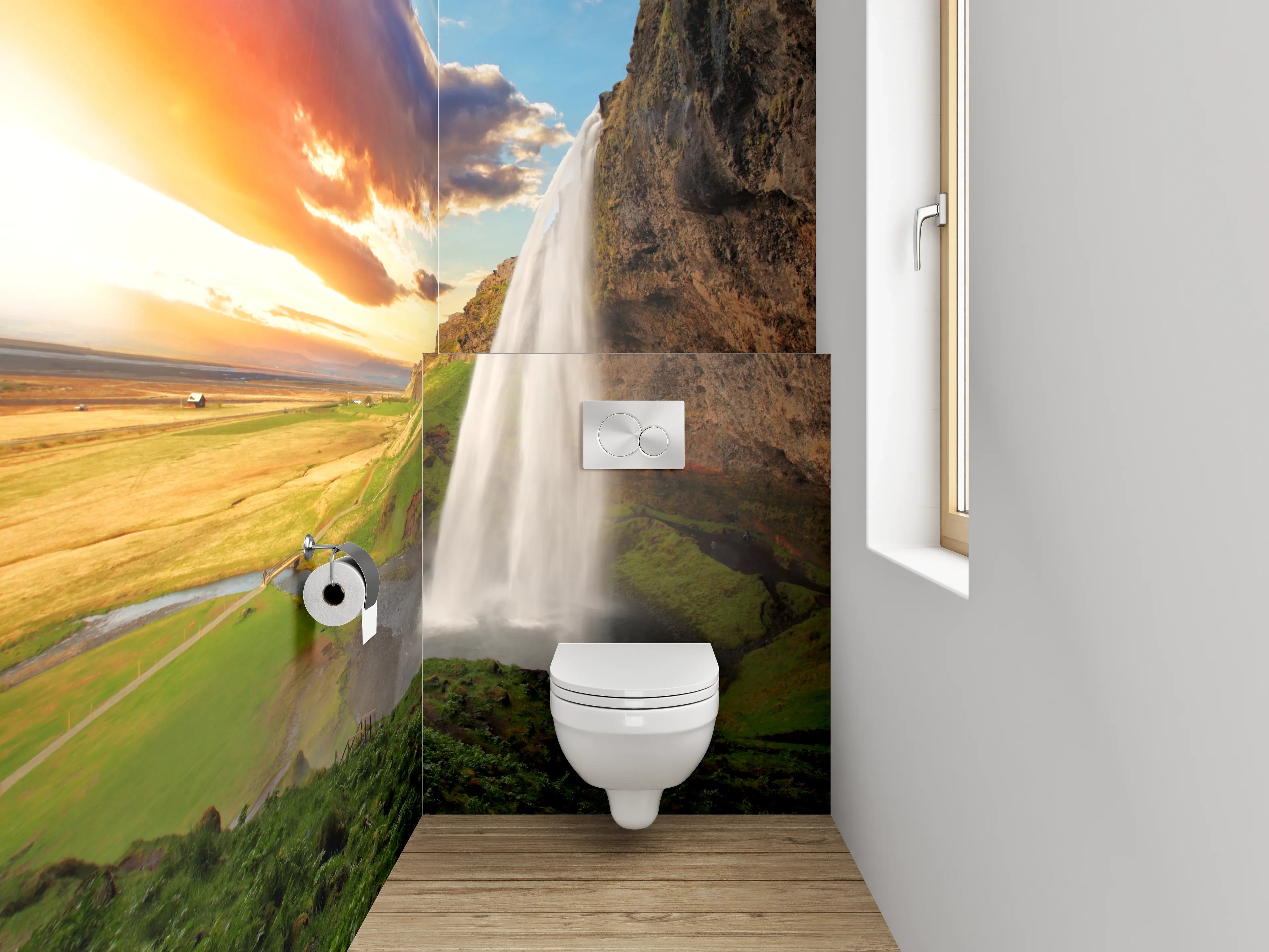 WC-Rückwand - Wasserfall im Sonnenuntergang Panorama