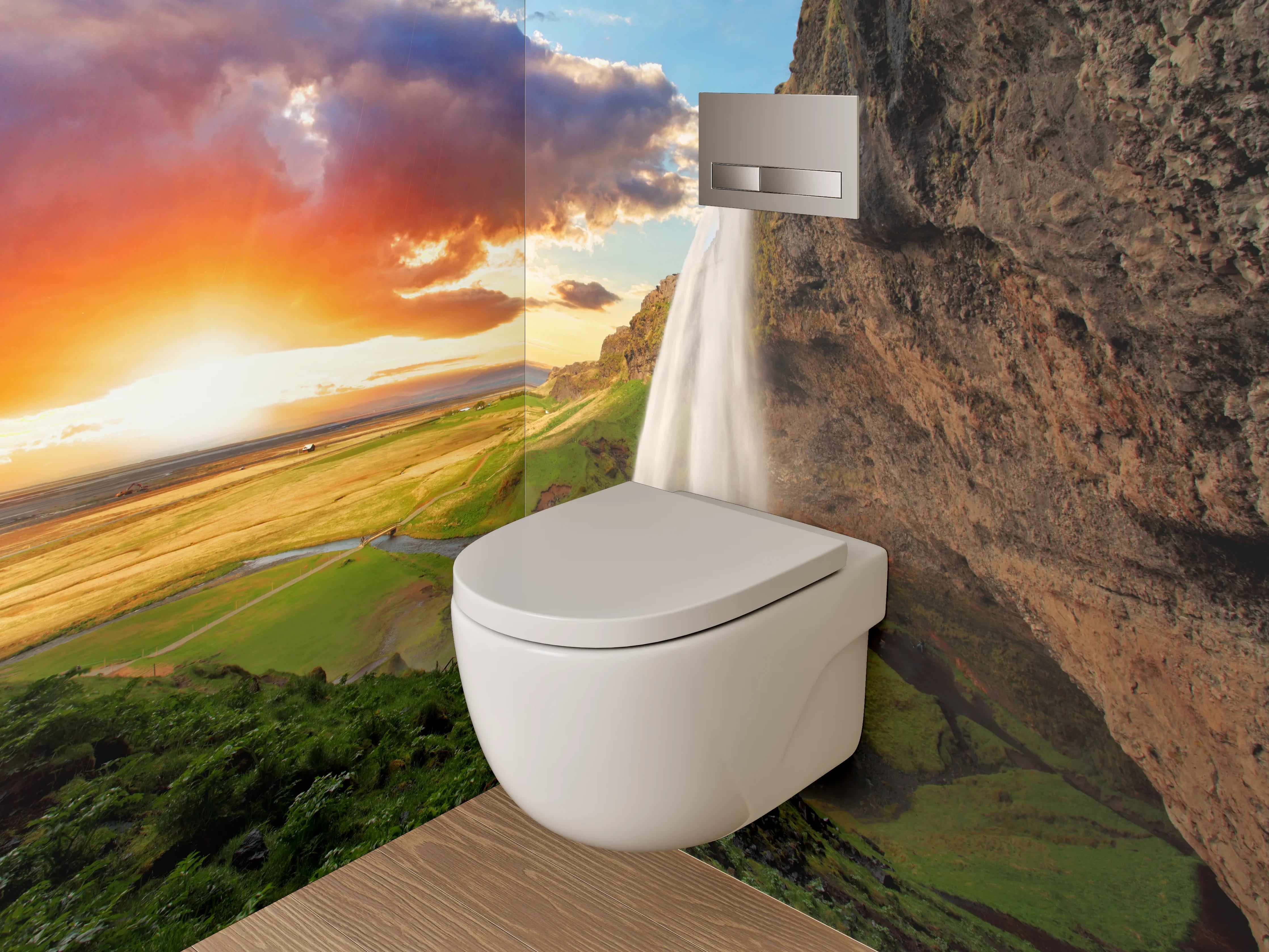 WC-Rückwand - Wasserfall im Sonnenuntergang Panorama