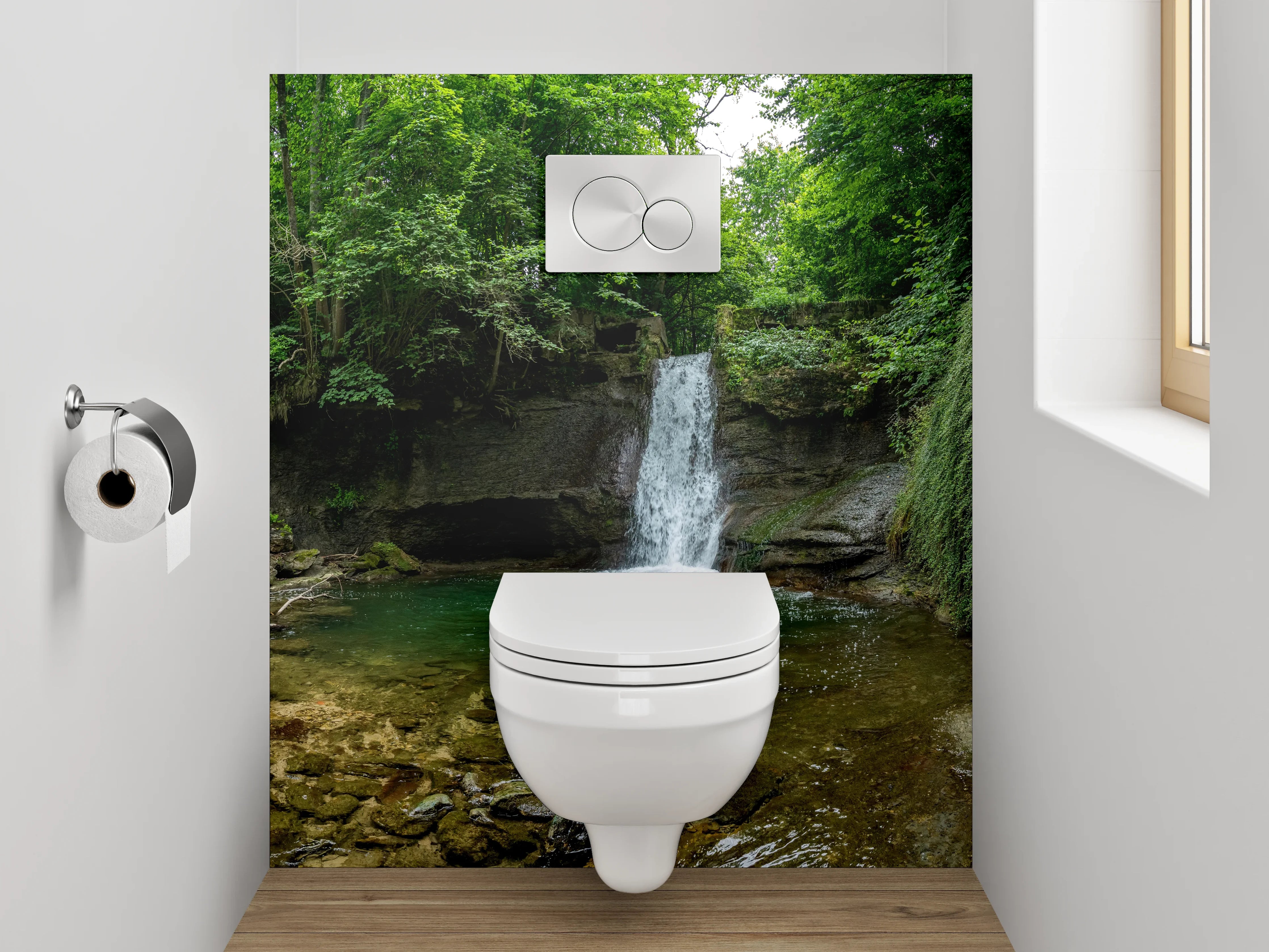 WC-Rückwand - Wasserfall im grünen Wald – Naturidylle