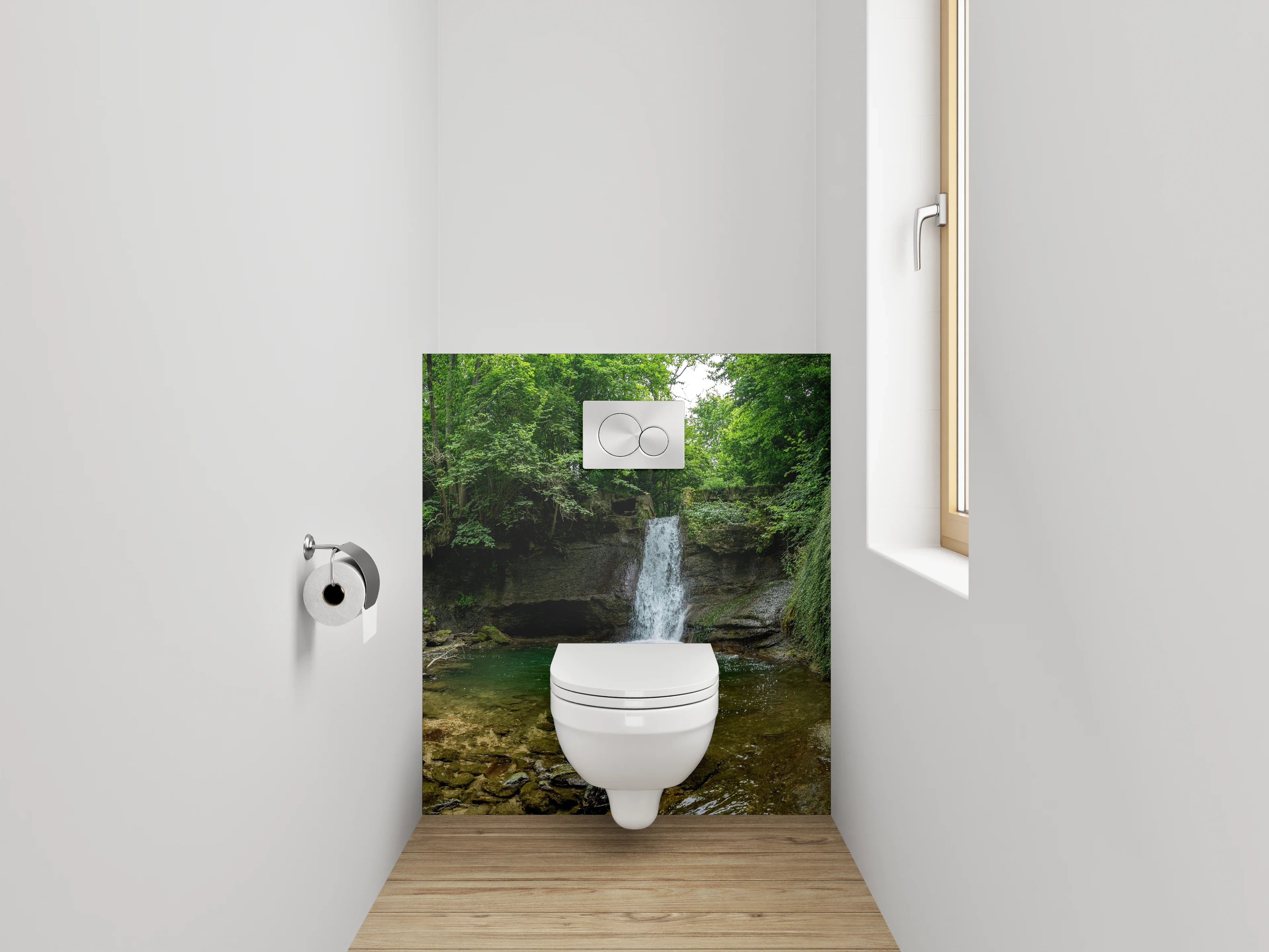 WC-Rückwand - Wasserfall im grünen Wald – Naturidylle