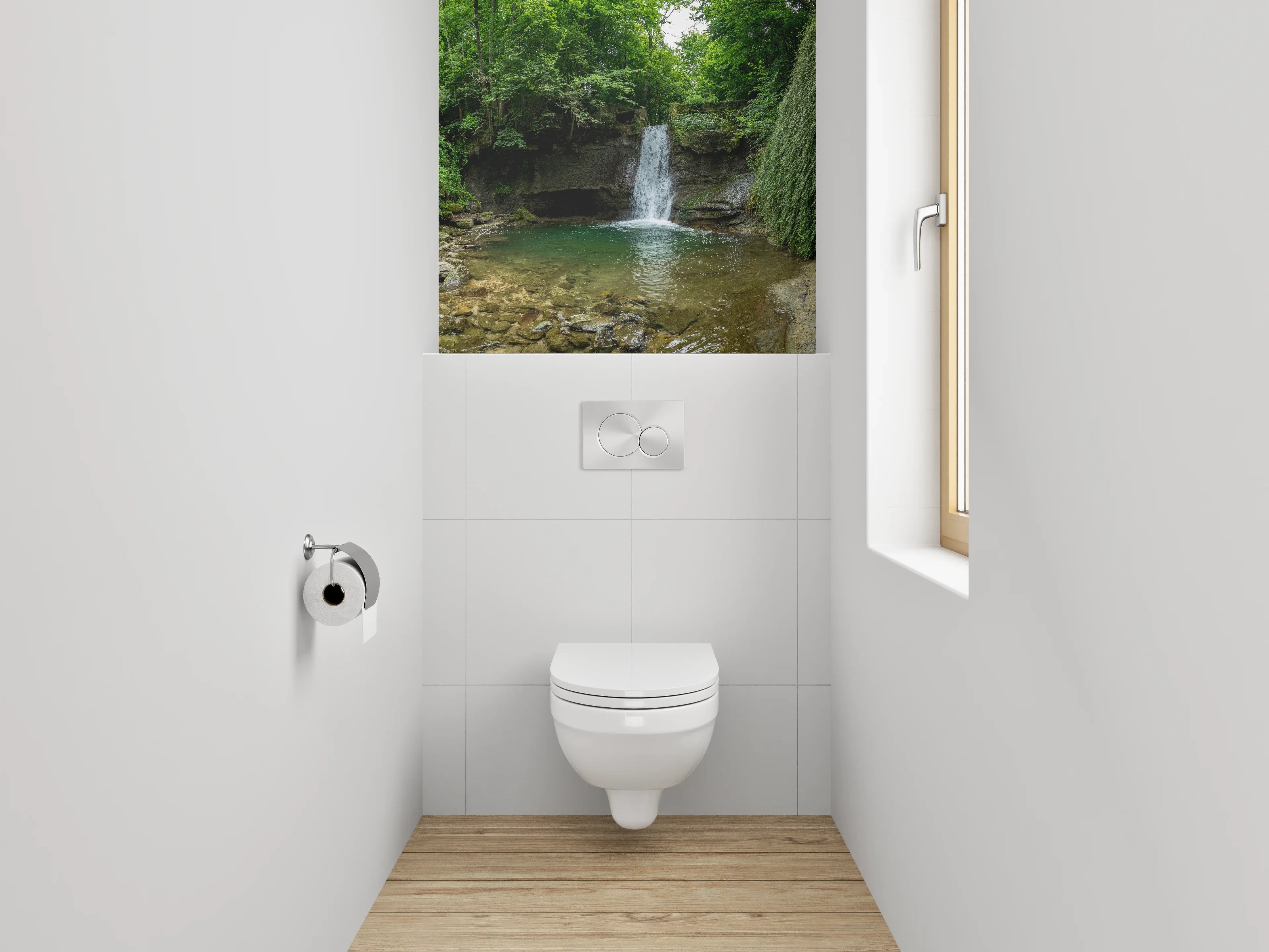WC-Rückwand - Wasserfall im grünen Wald – Naturidylle