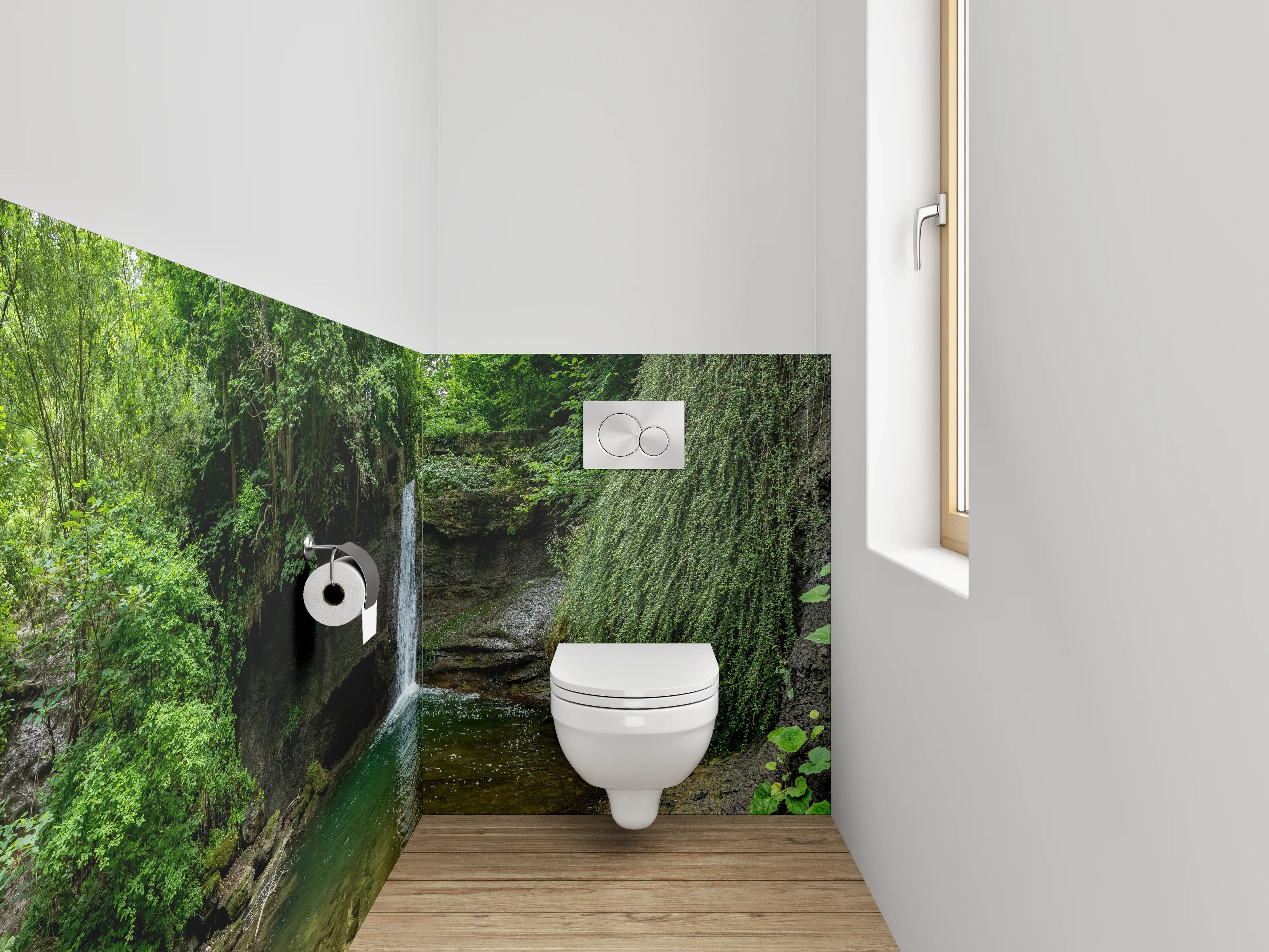 WC-Rückwand - Wasserfall im grünen Wald – Naturidylle