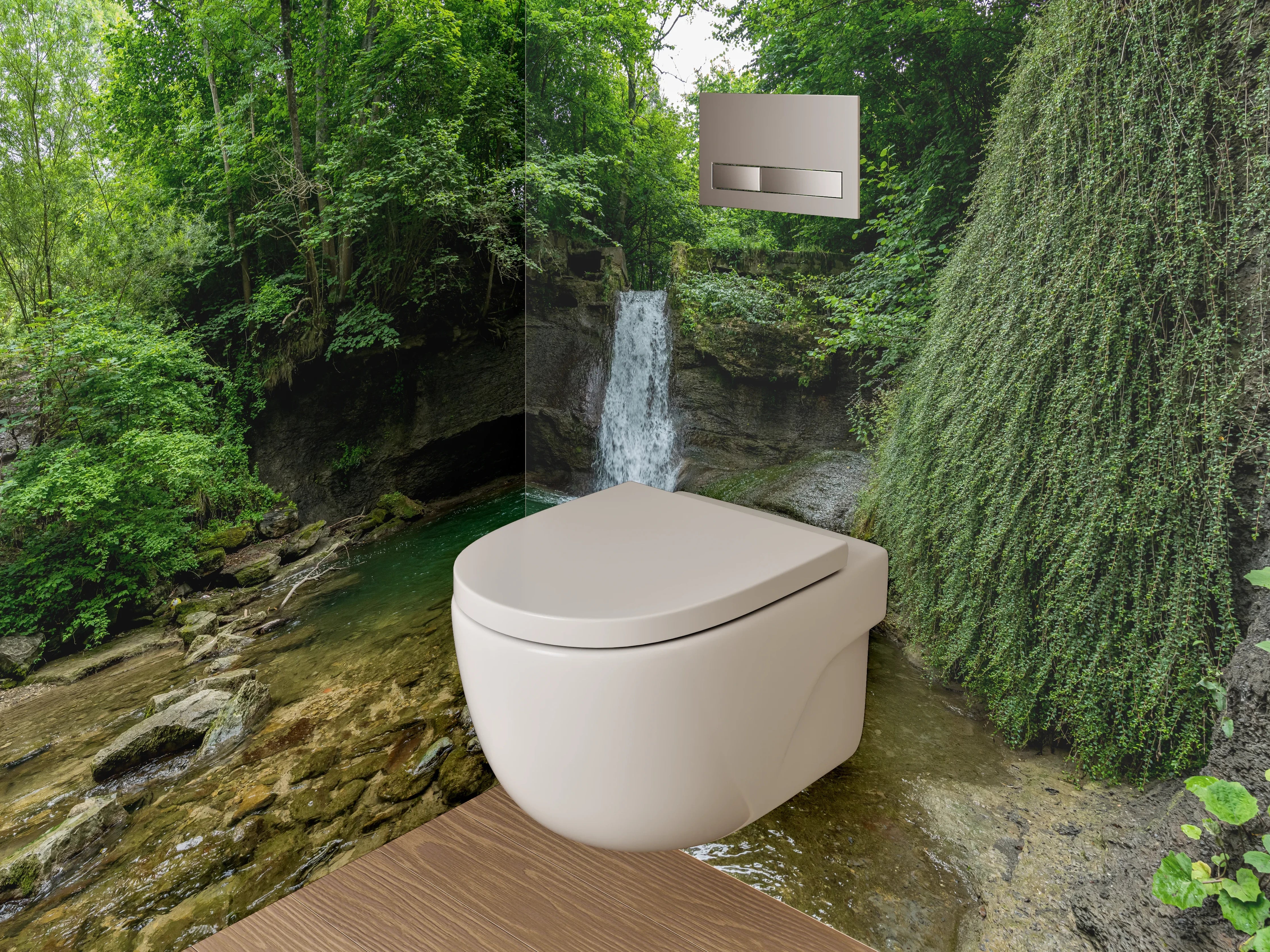 WC-Rückwand - Wasserfall im grünen Wald – Naturidylle