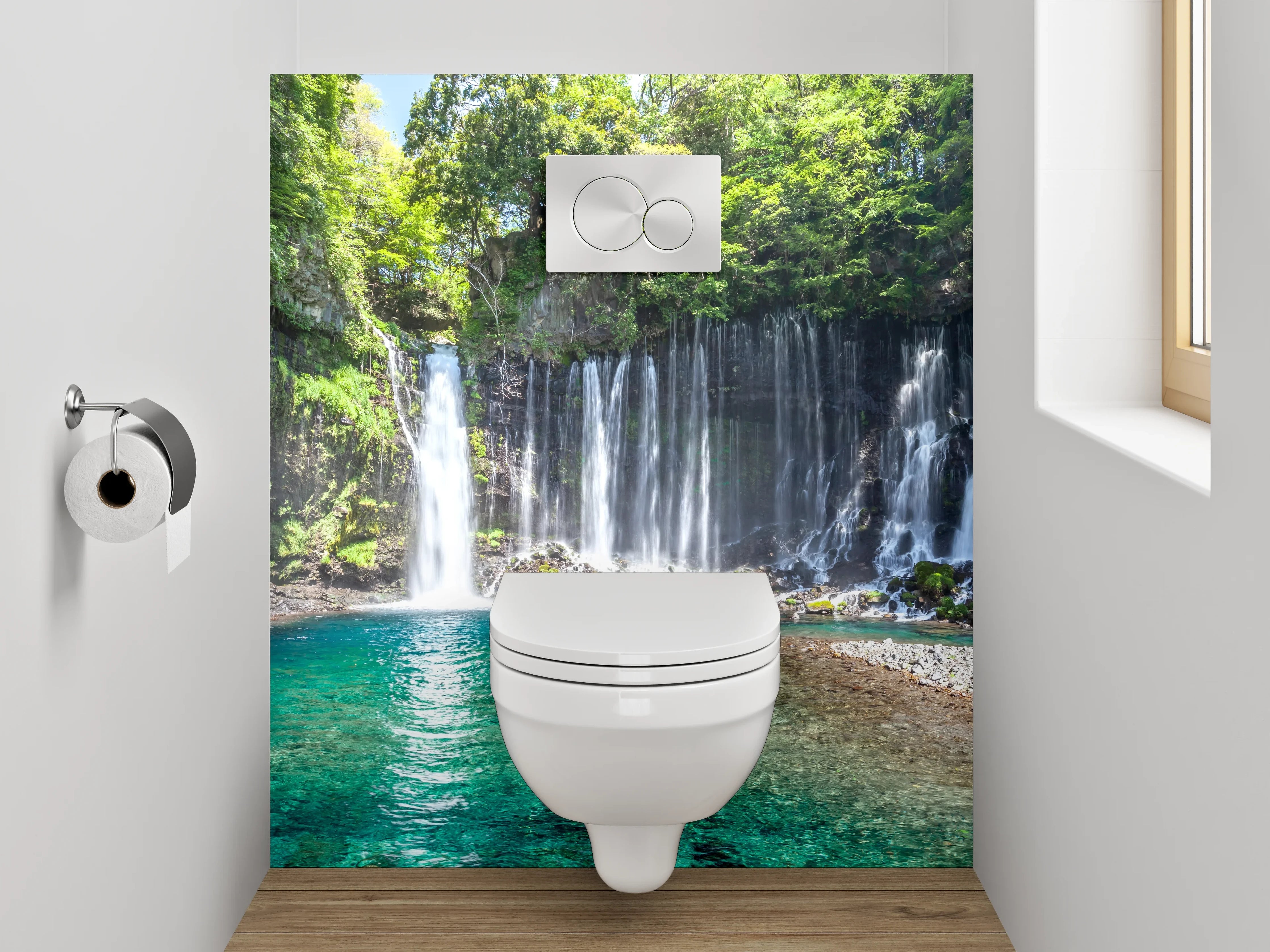 WC-Rückwand - Wasserfall und Wald am türkisblauen See