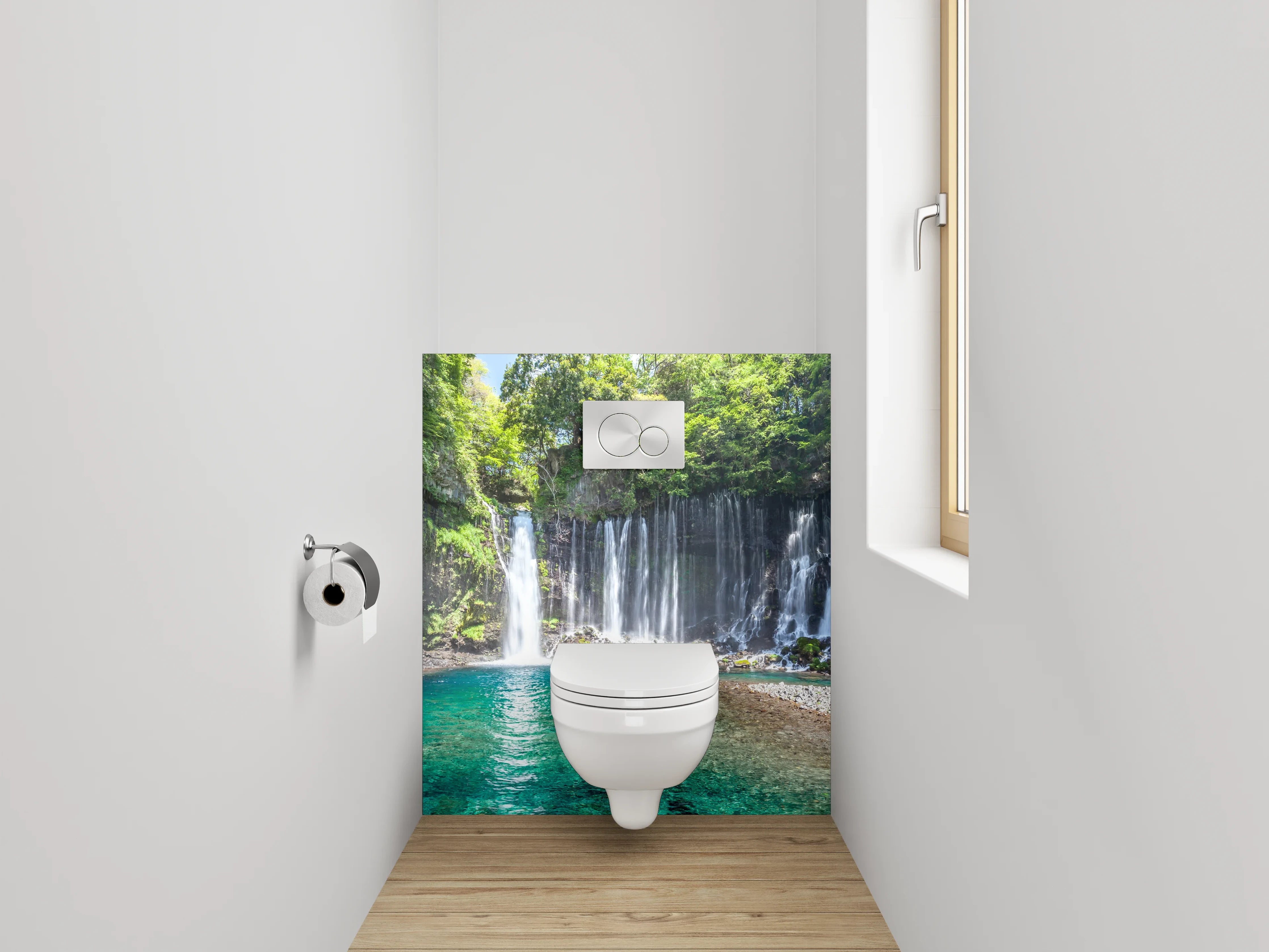WC-Rückwand - Wasserfall und Wald am türkisblauen See