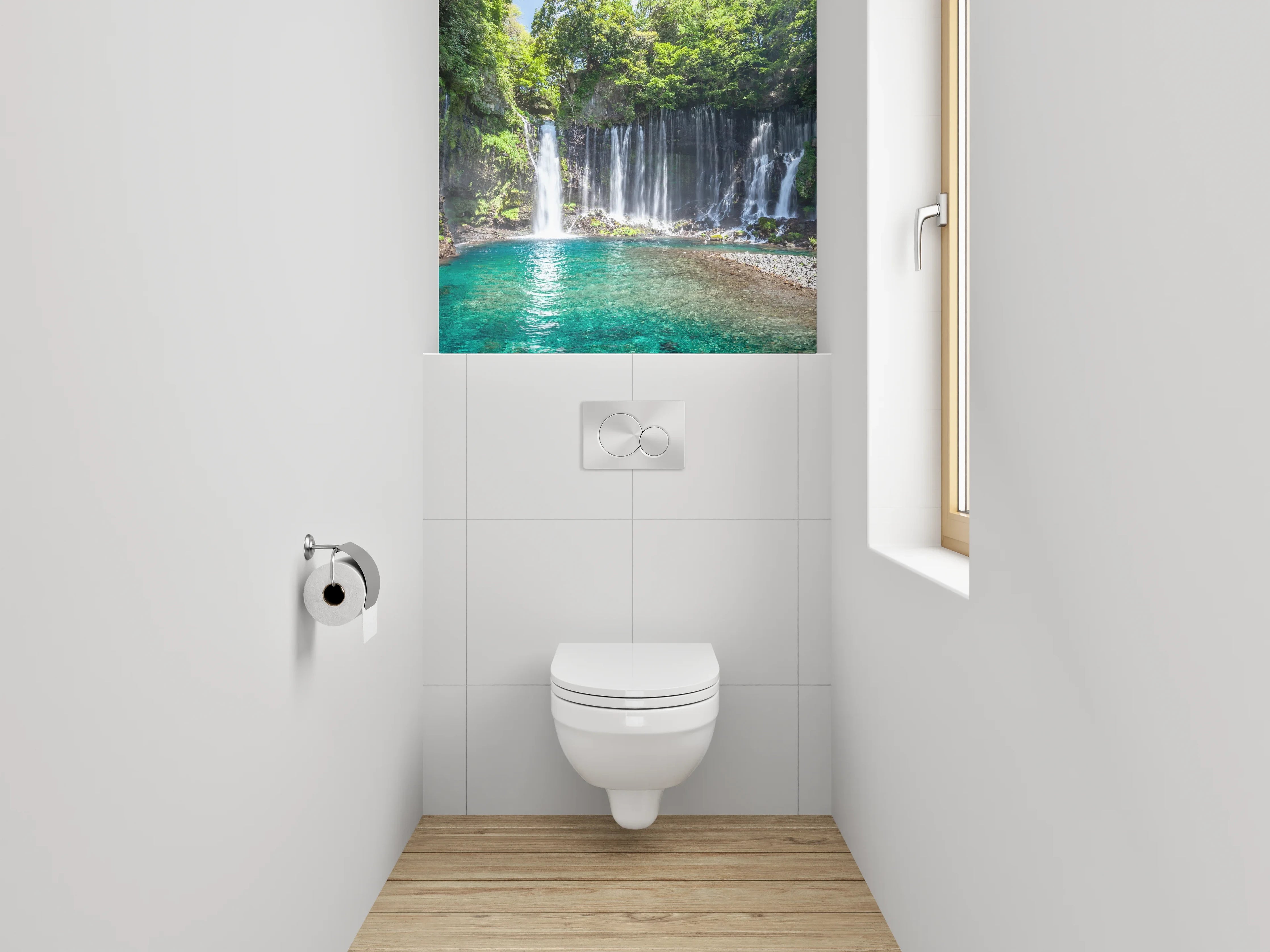 WC-Rückwand - Wasserfall und Wald am türkisblauen See