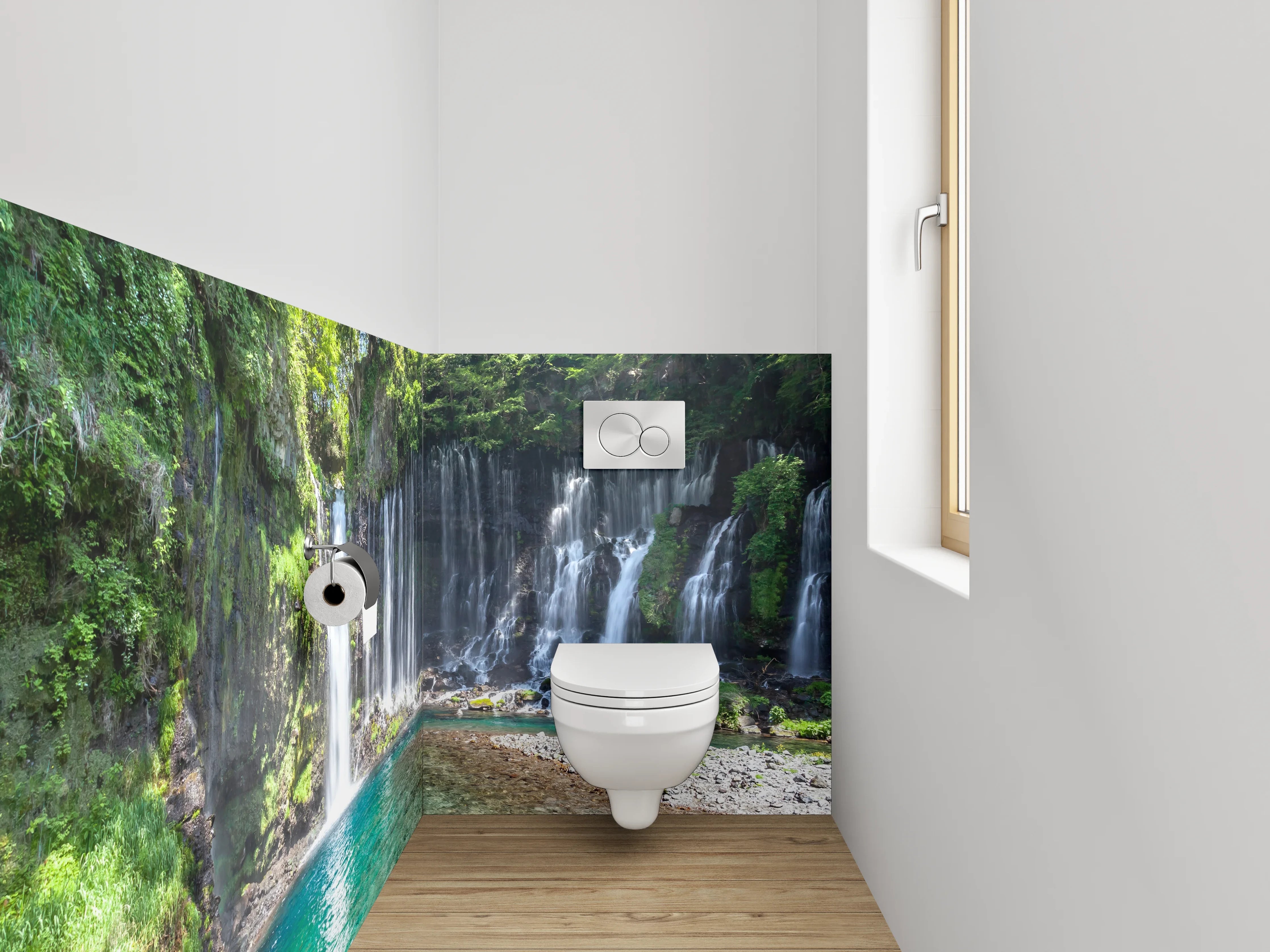 WC-Rückwand - Wasserfall und Wald am türkisblauen See