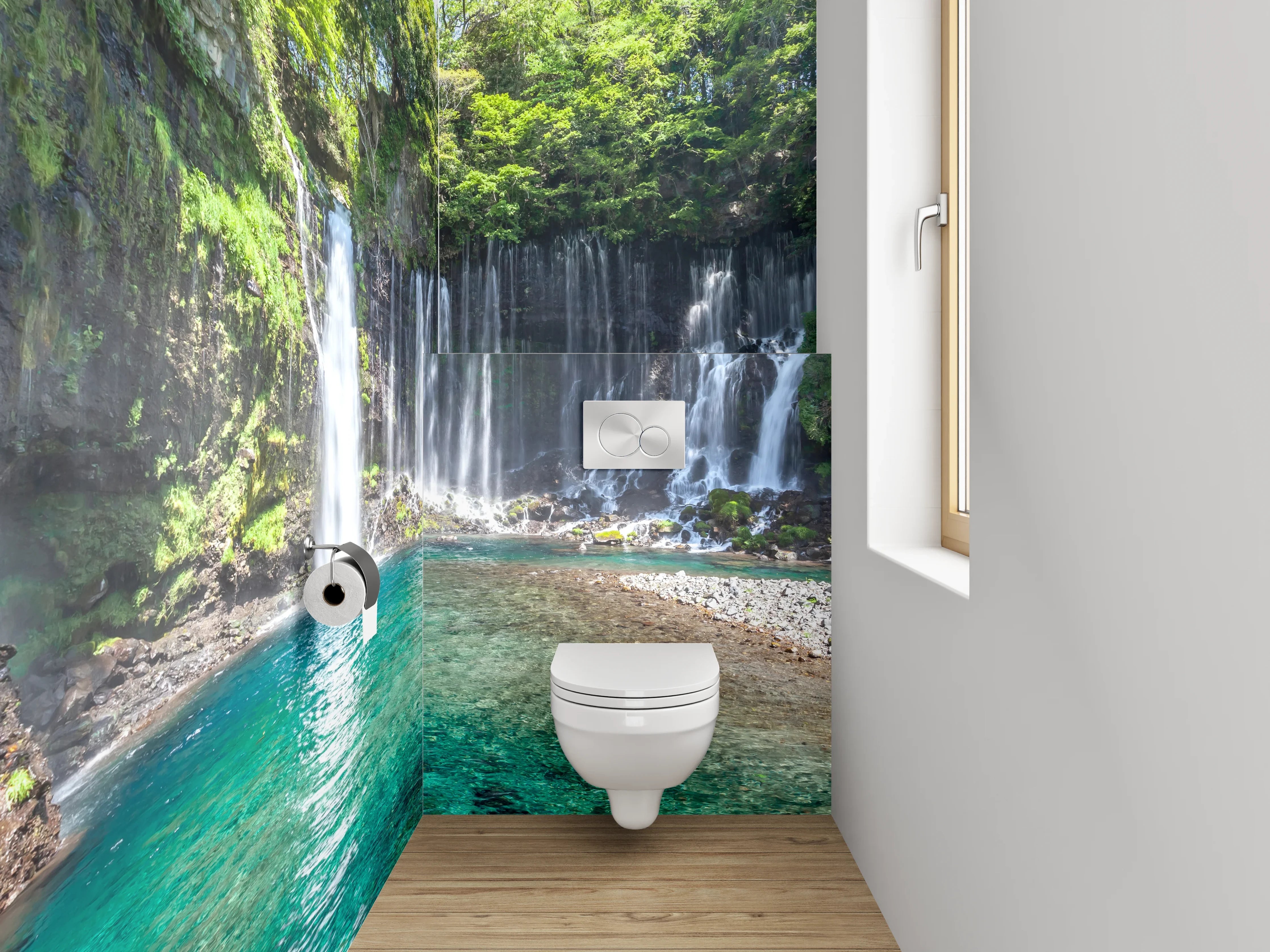 WC-Rückwand - Wasserfall und Wald am türkisblauen See