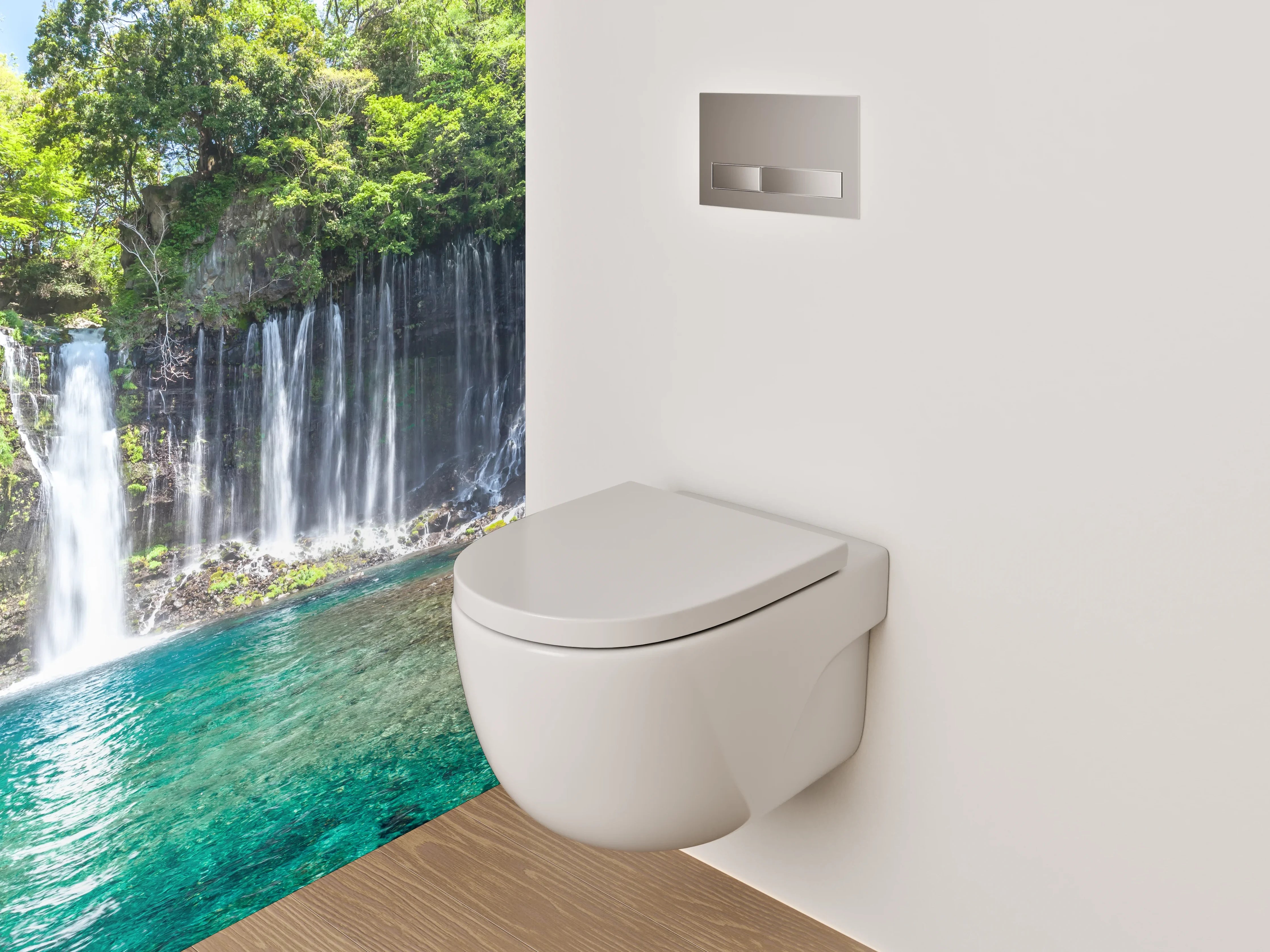 WC-Rückwand - Wasserfall und Wald am türkisblauen See