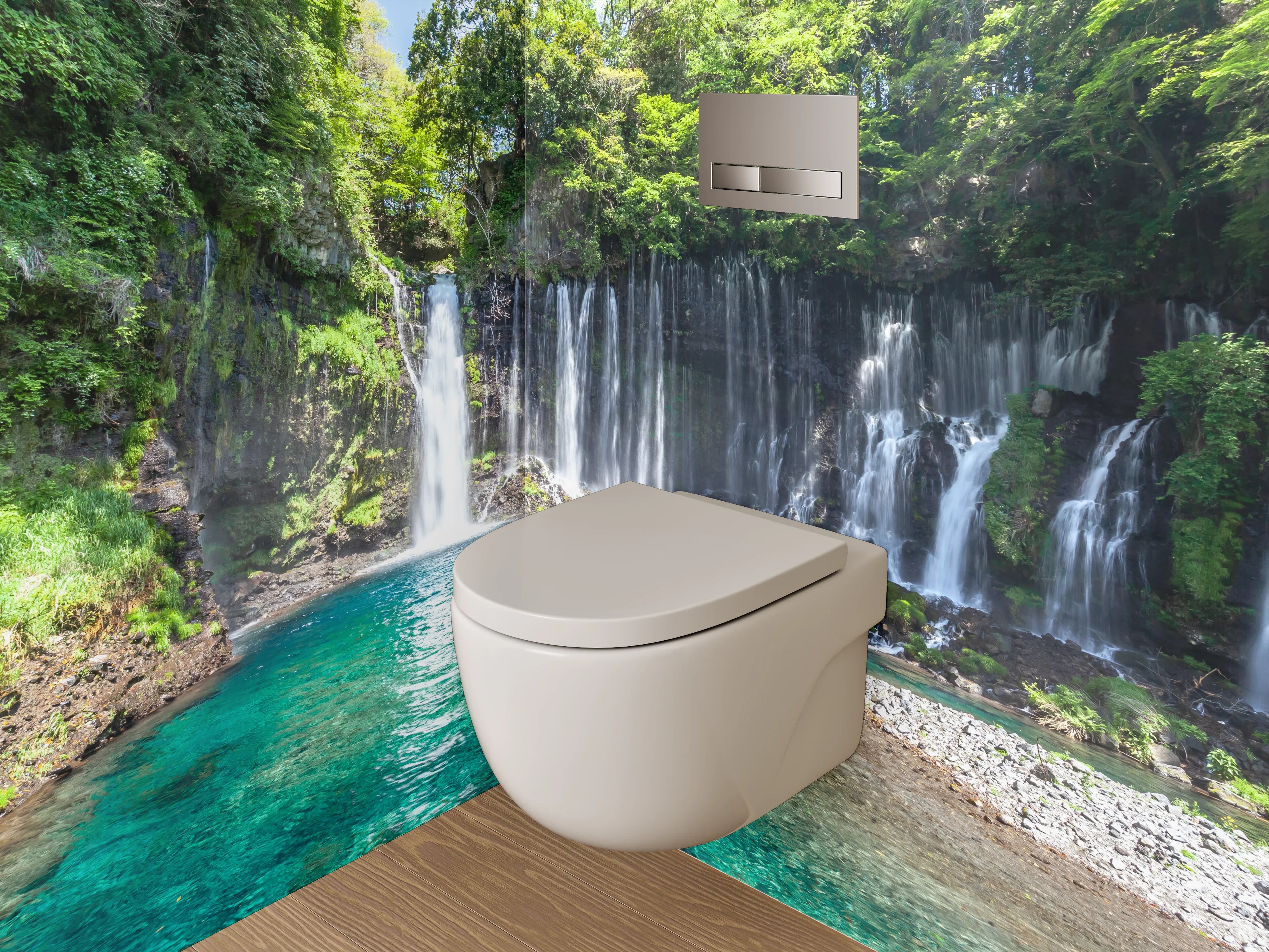 WC-Rückwand - Wasserfall und Wald am türkisblauen See