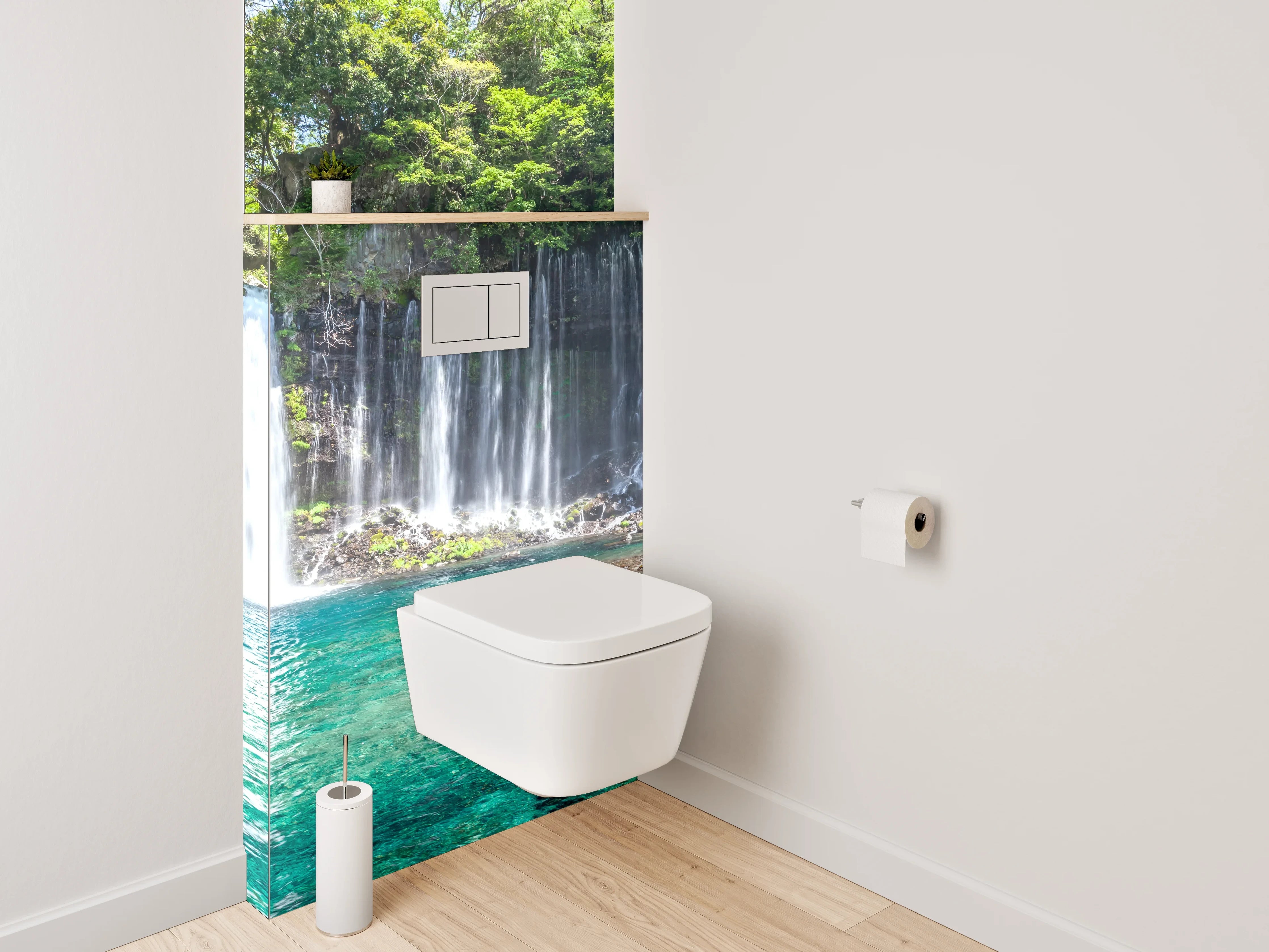 WC-Rückwand - Wasserfall und Wald am türkisblauen See