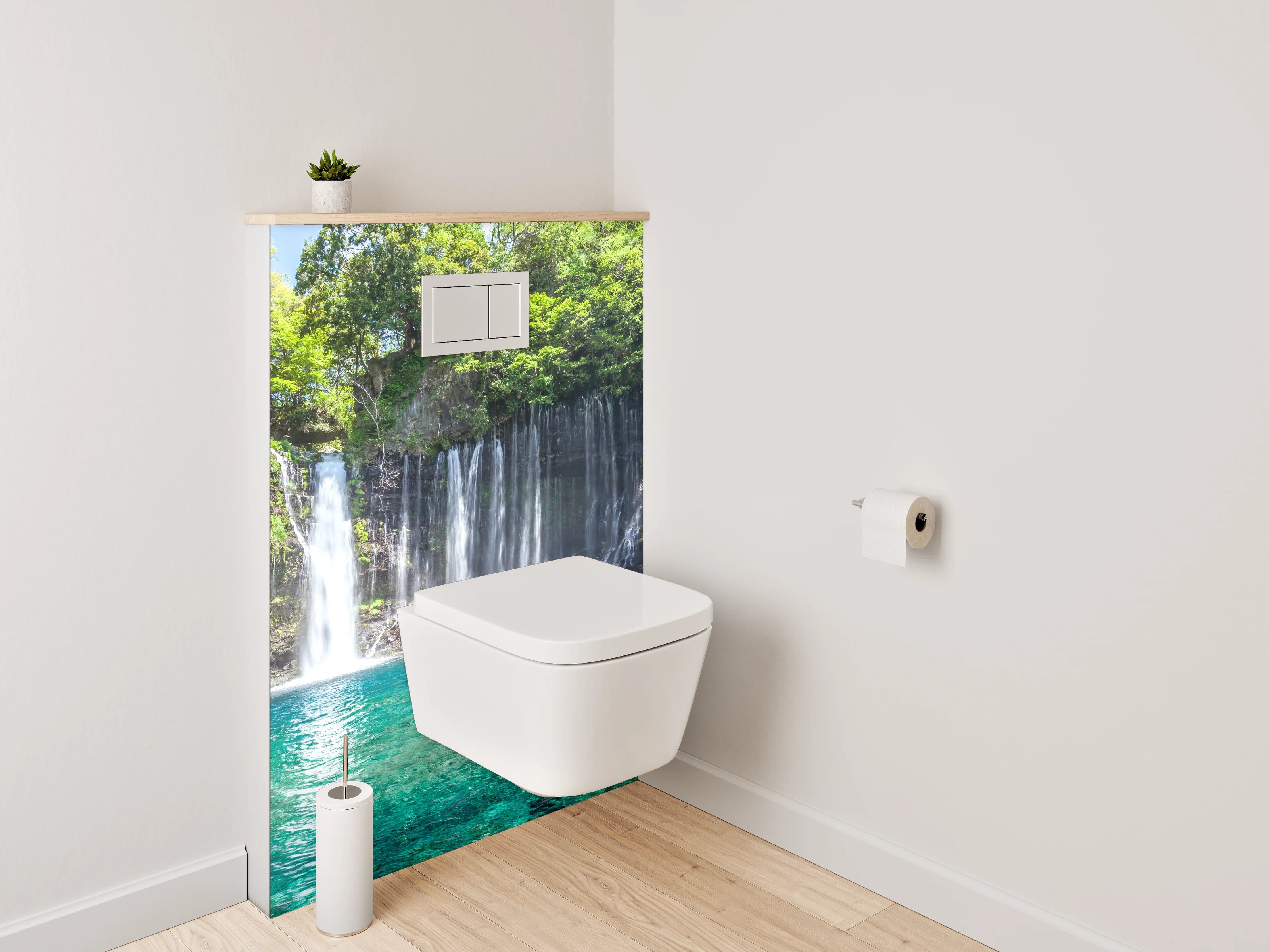 WC-Rückwand - Wasserfall und Wald am türkisblauen See