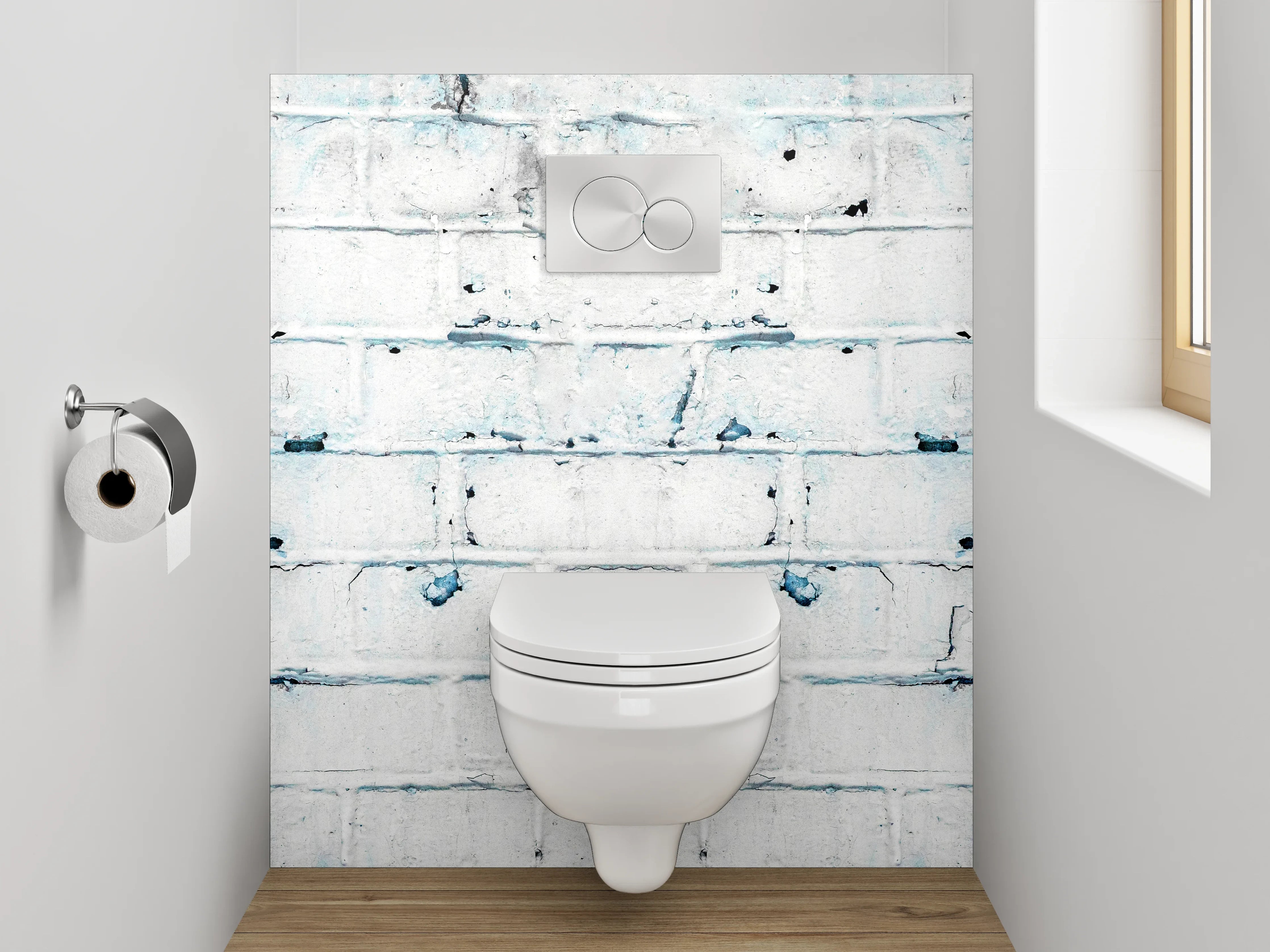 WC-Rückwand - Weiß-blaue Backstein-Optik Wanddekor