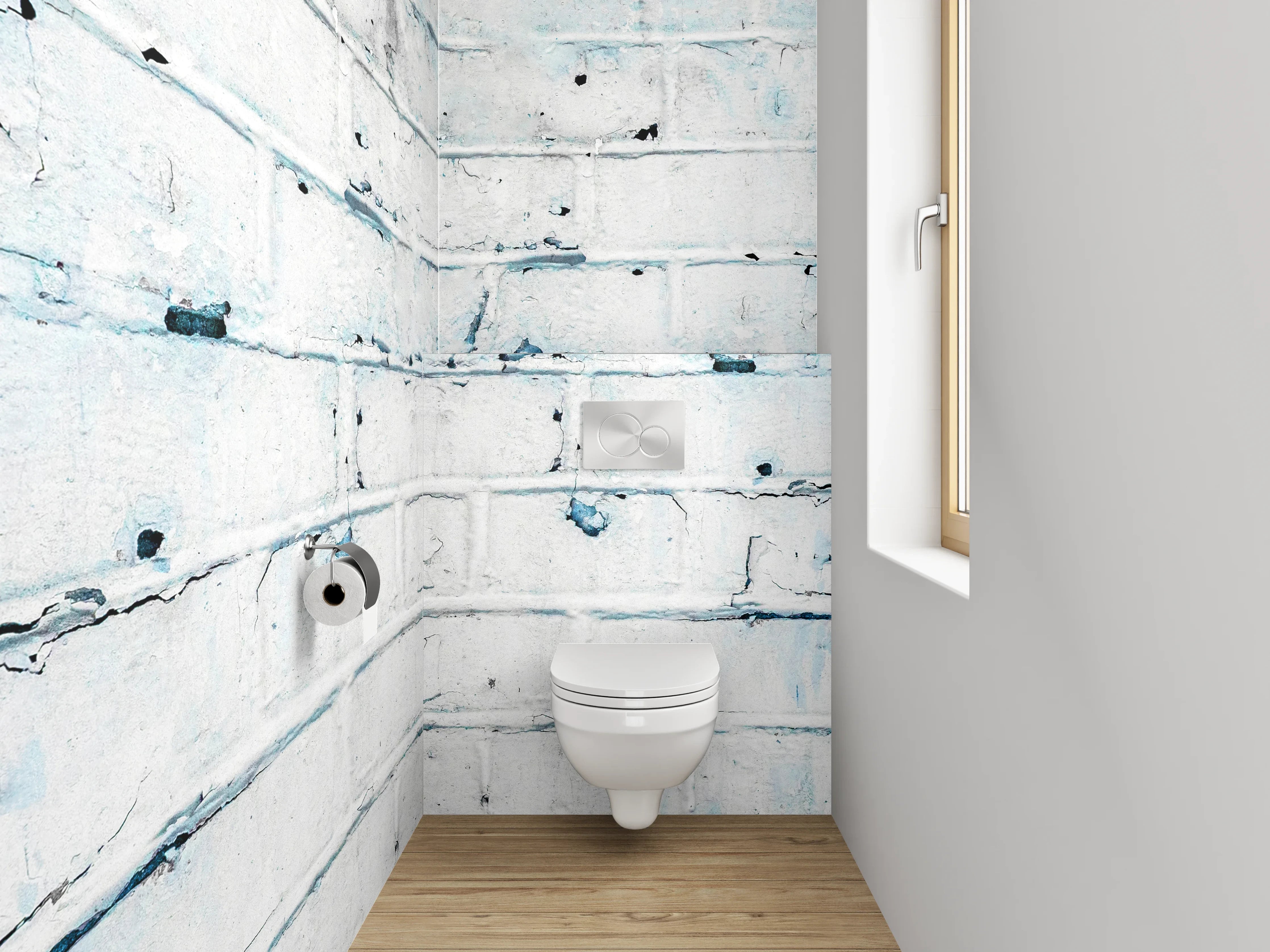 WC-Rückwand - Weiß-blaue Backstein-Optik Wanddekor