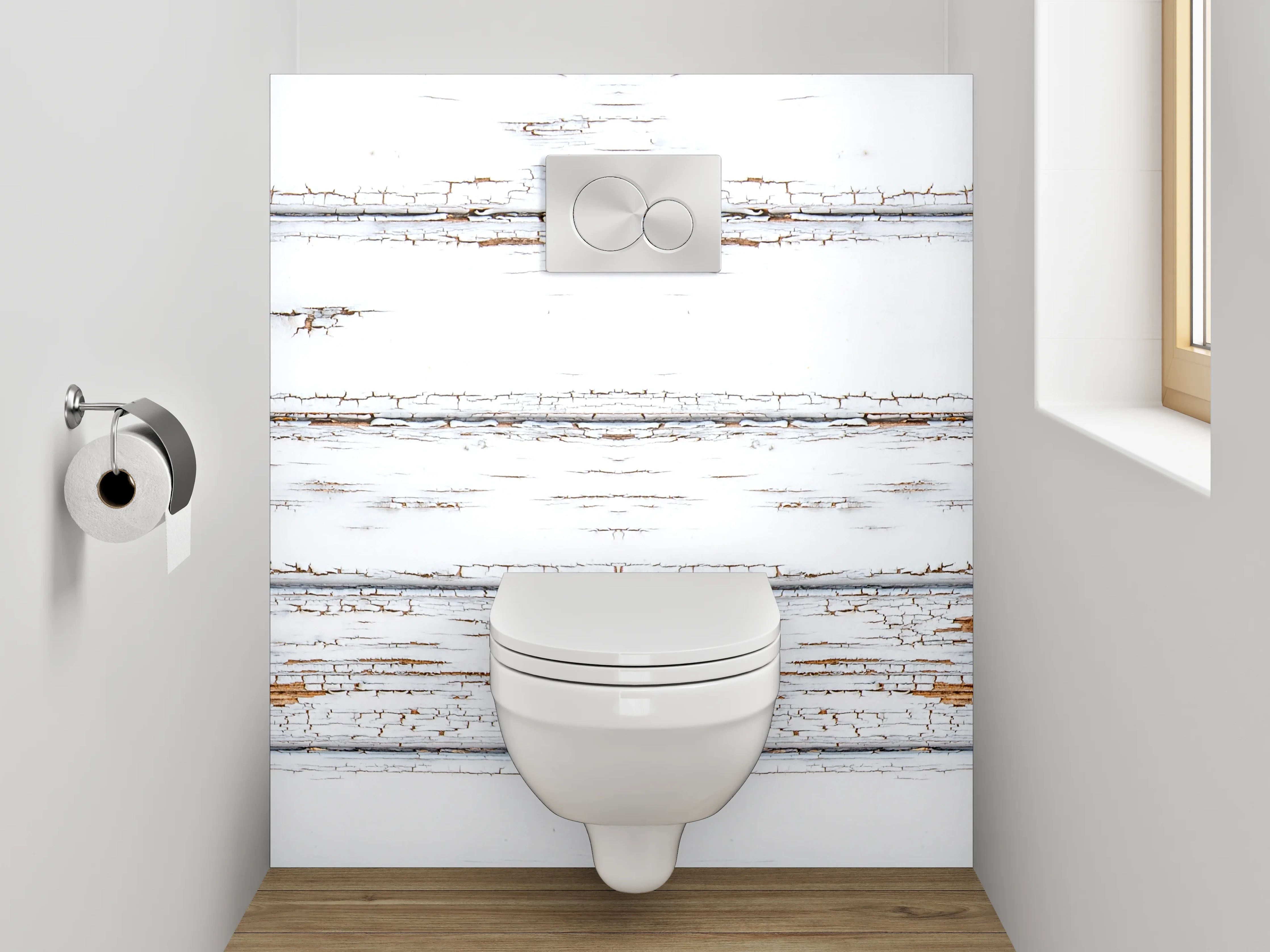 WC-Rückwand - Weiß-braune Vintage-Holzoptik
