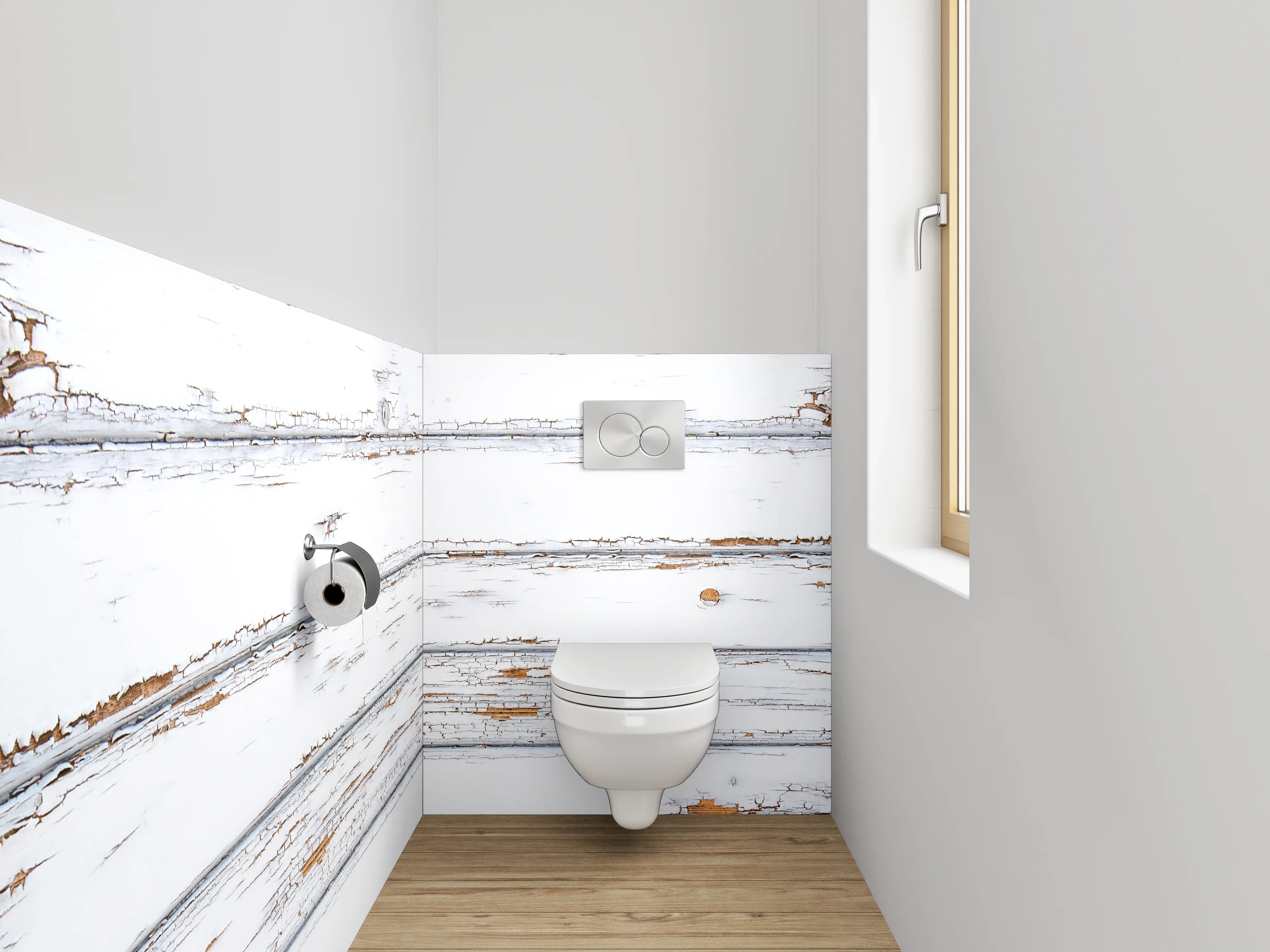 WC-Rückwand - Weiß-braune Vintage-Holzoptik