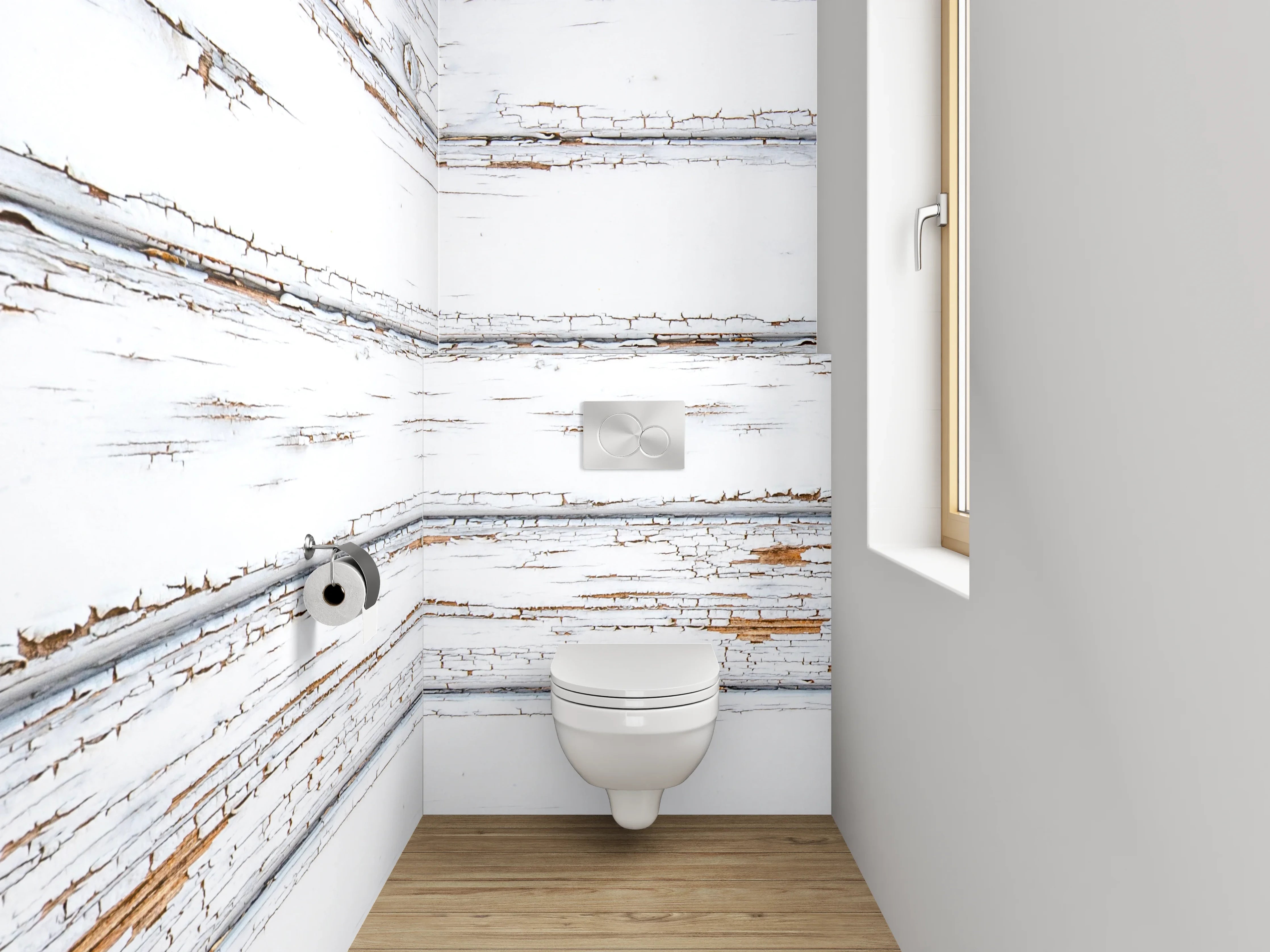 WC-Rückwand - Weiß-braune Vintage-Holzoptik