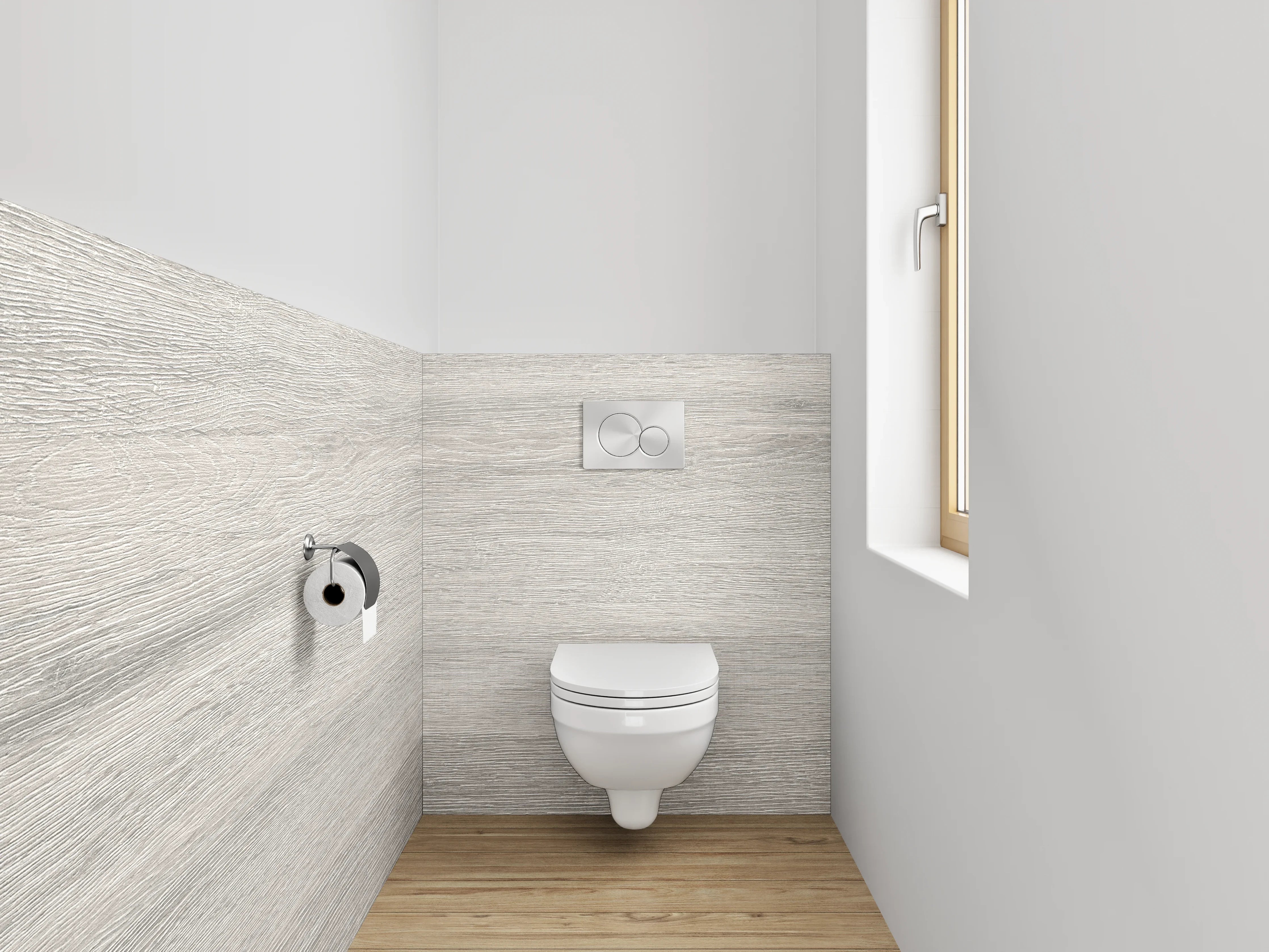 WC-Rückwand - Weiß-graue Holzoptik Fläche