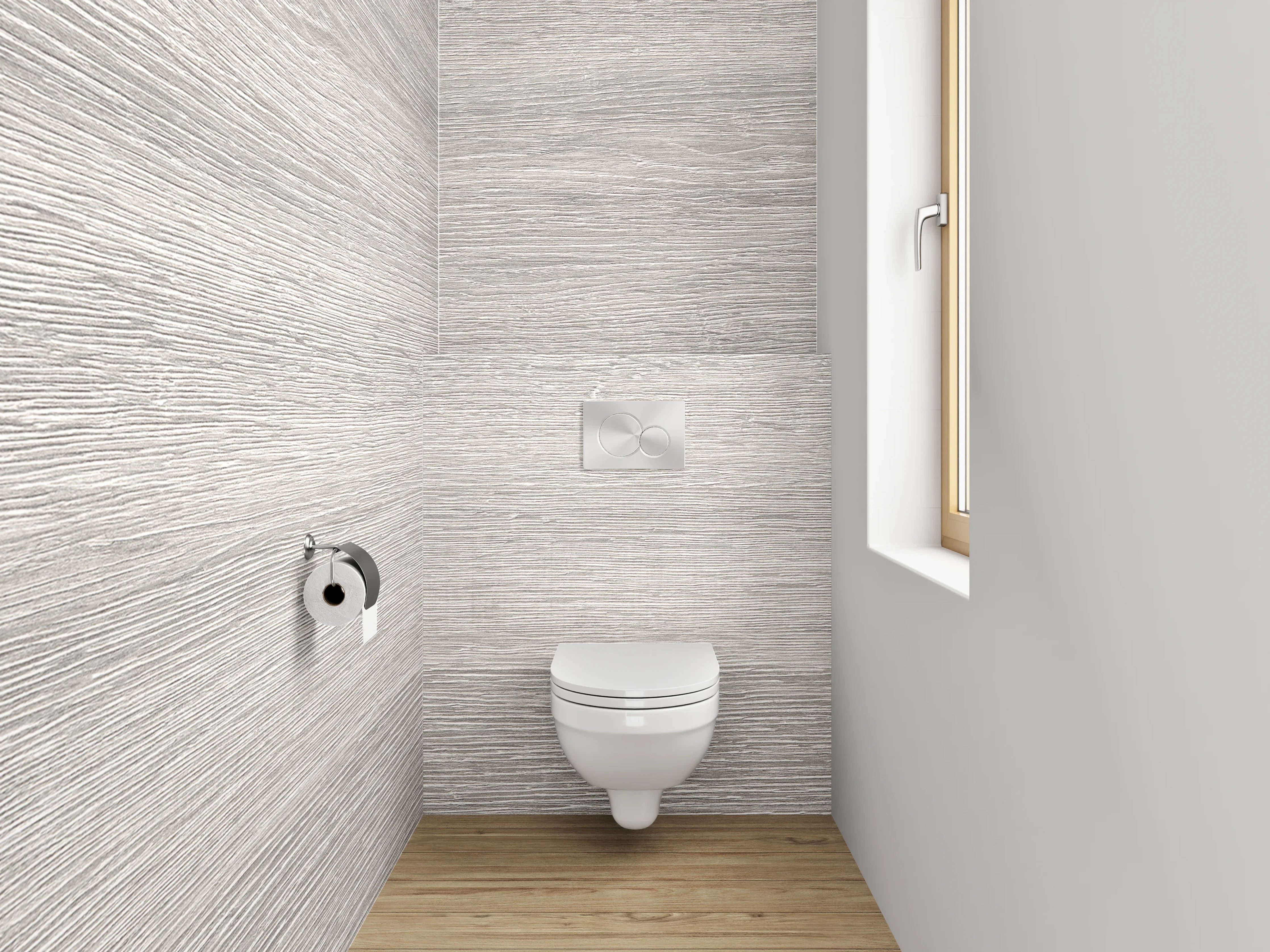 WC-Rückwand - Weiß-graue Holzoptik Fläche