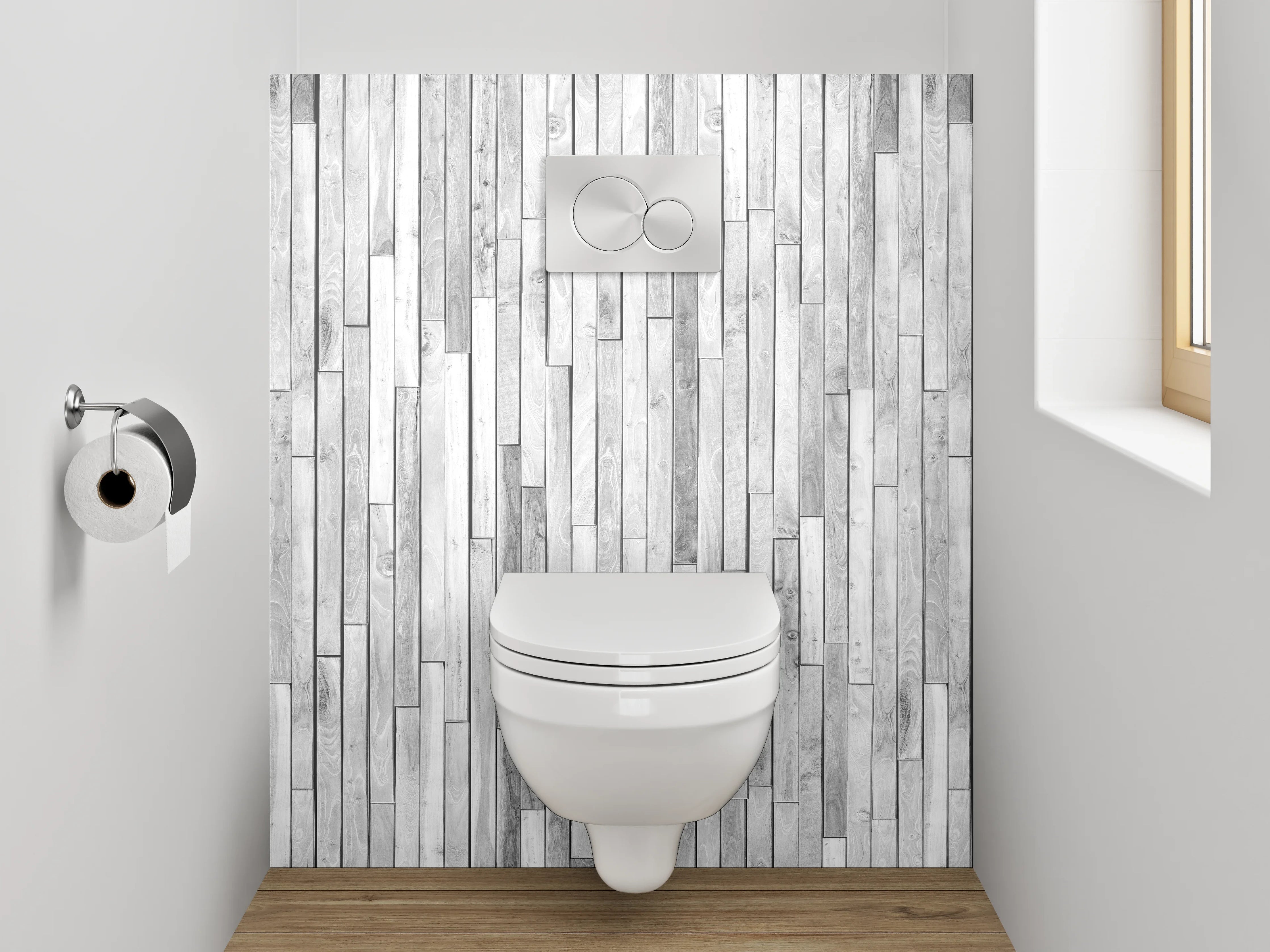 WC-Rückwand - Weiß-graue Holzoptik Wandverkleidung