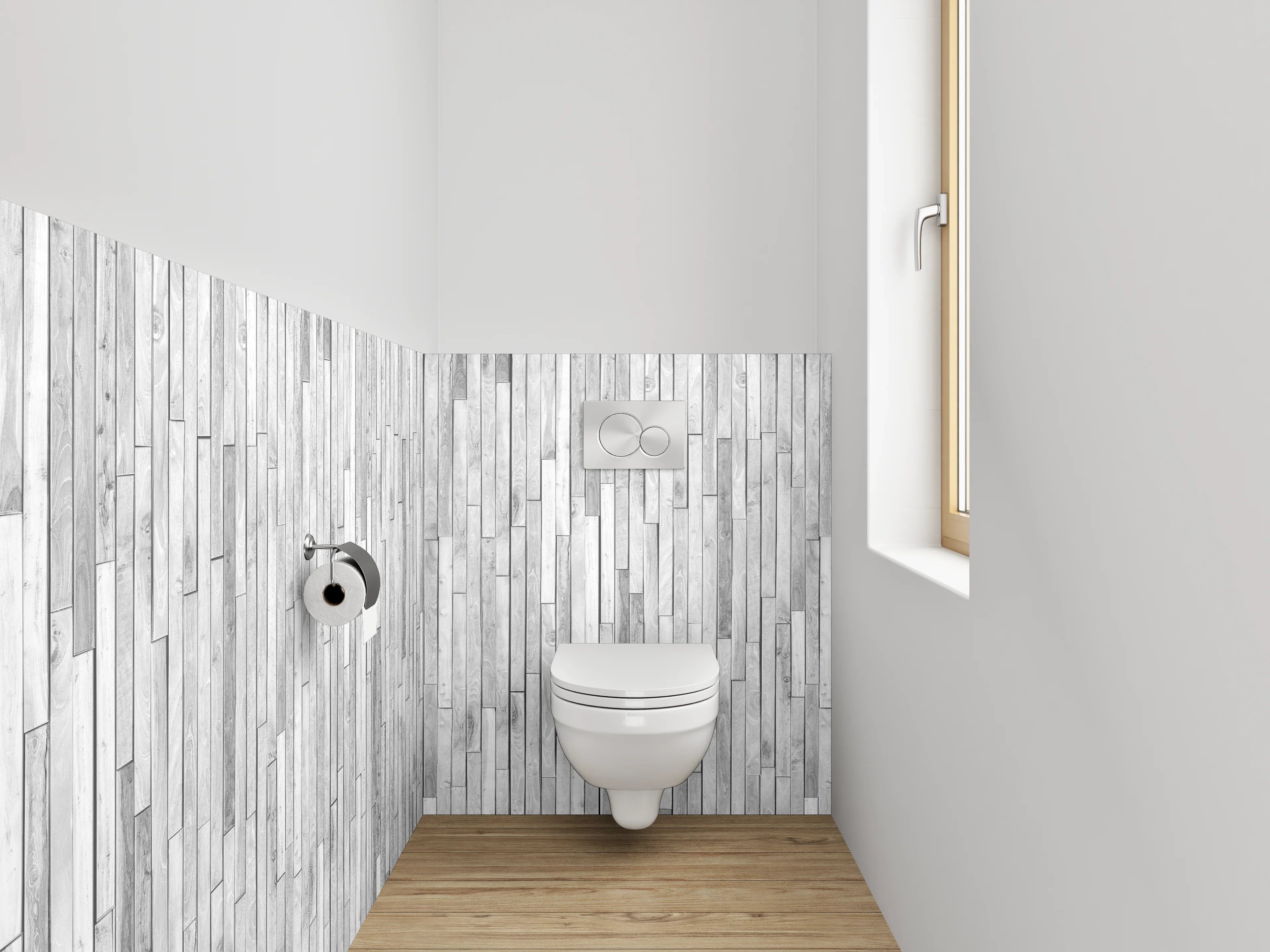 WC-Rückwand - Weiß-graue Holzoptik Wandverkleidung