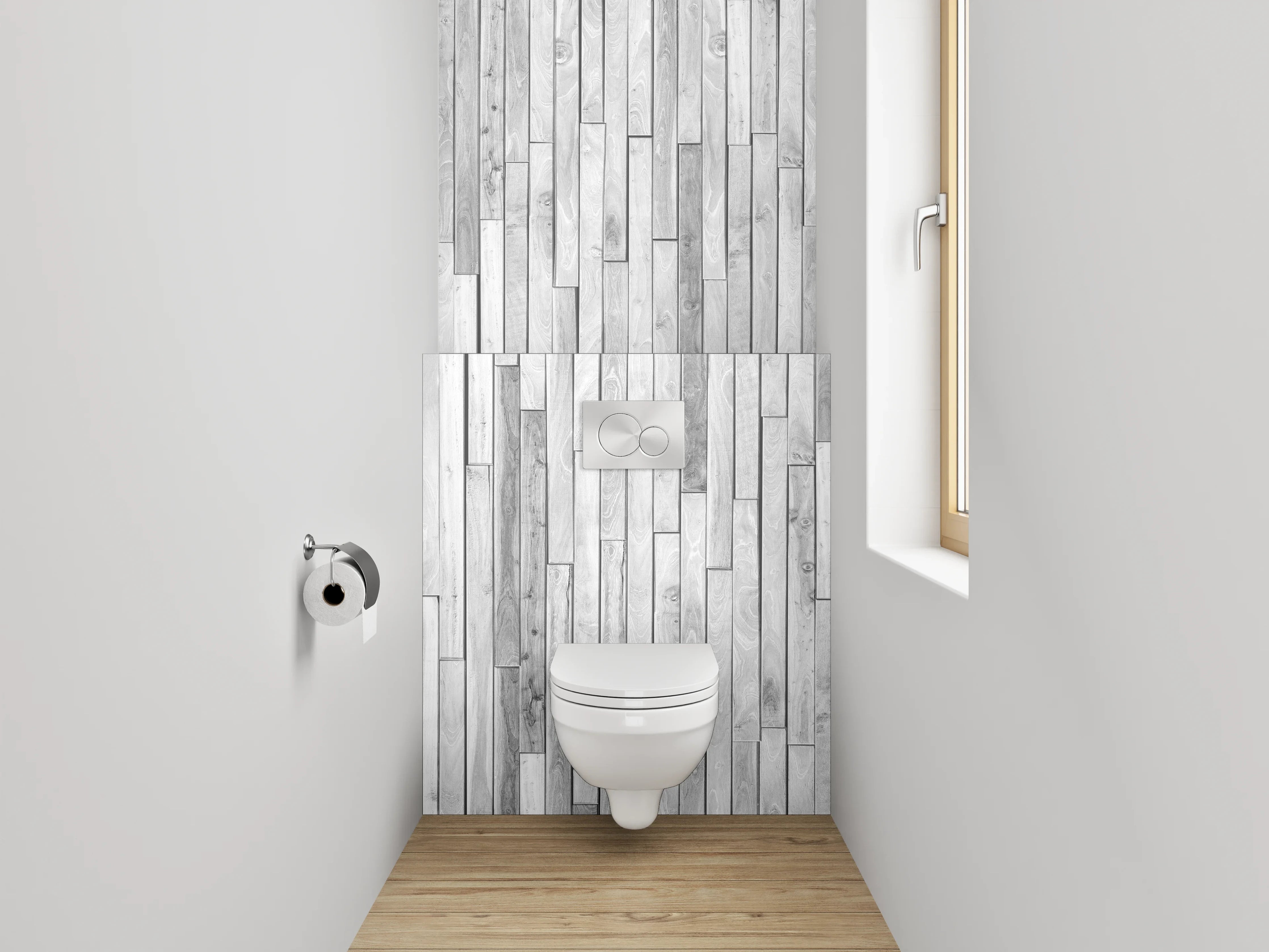 WC-Rückwand - Weiß-graue Holzoptik Wandverkleidung