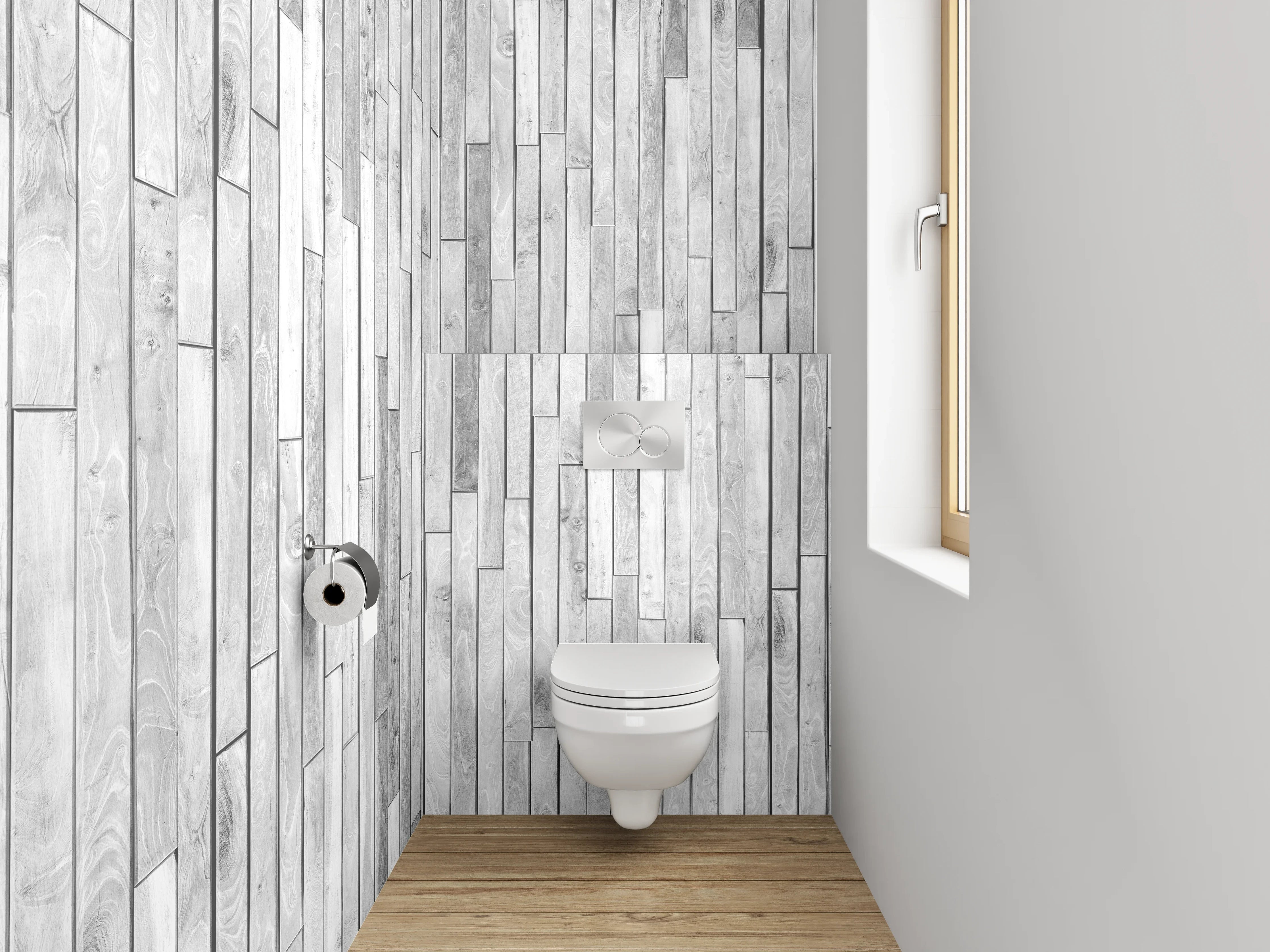 WC-Rückwand - Weiß-graue Holzoptik Wandverkleidung