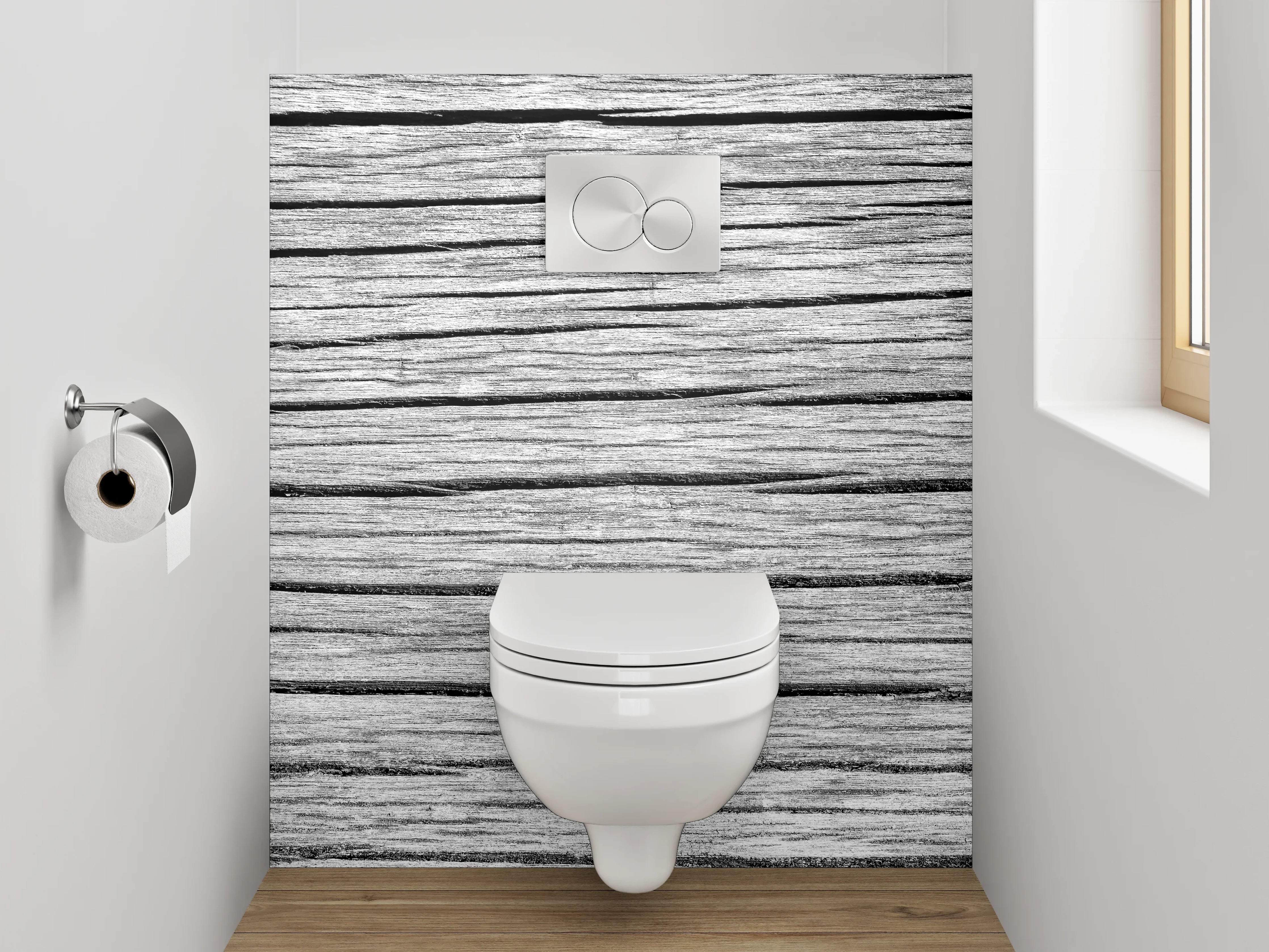 WC-Rückwand - Weiß-graue Holzstruktur-Optik