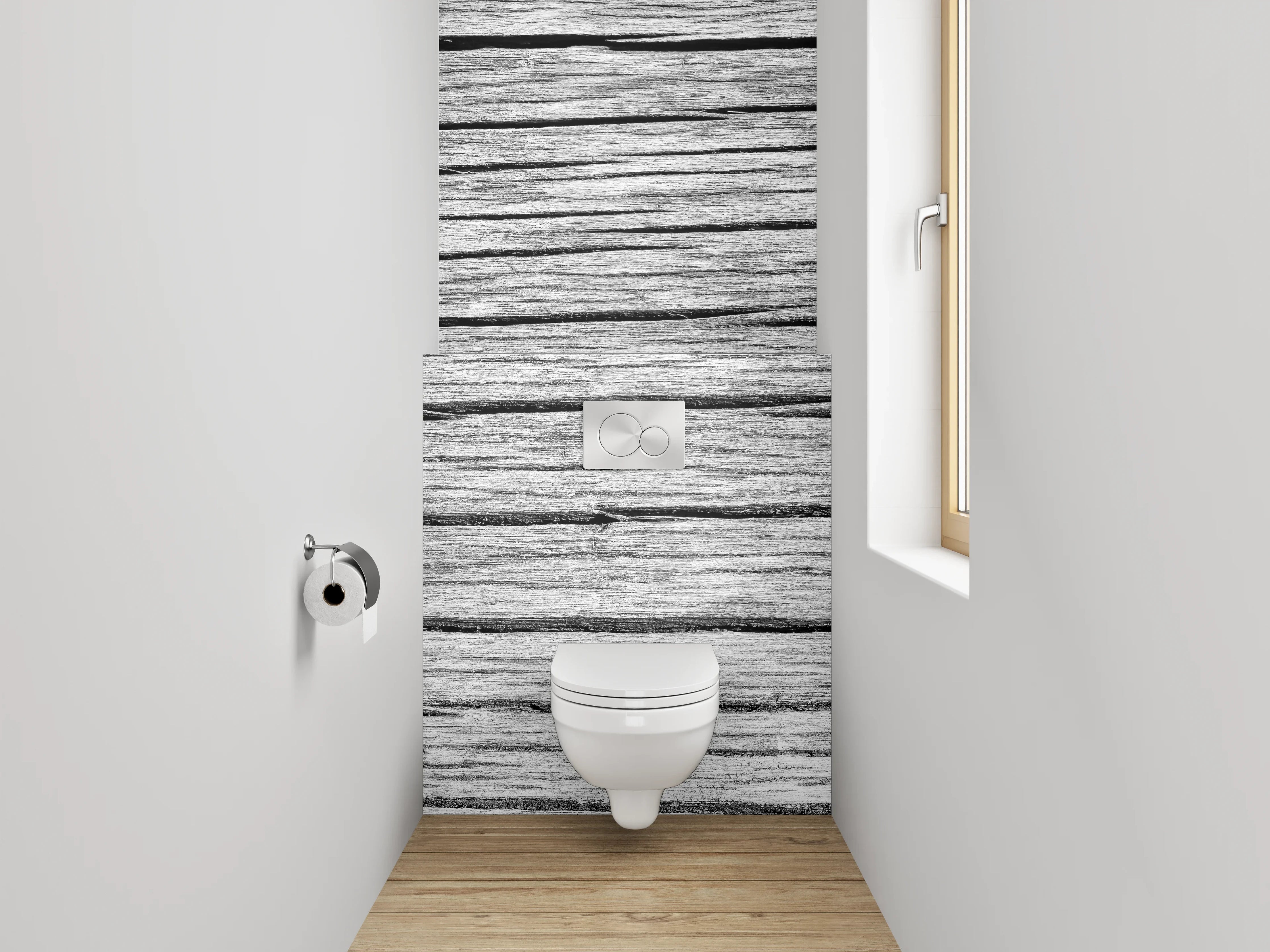 WC-Rückwand - Weiß-graue Holzstruktur-Optik