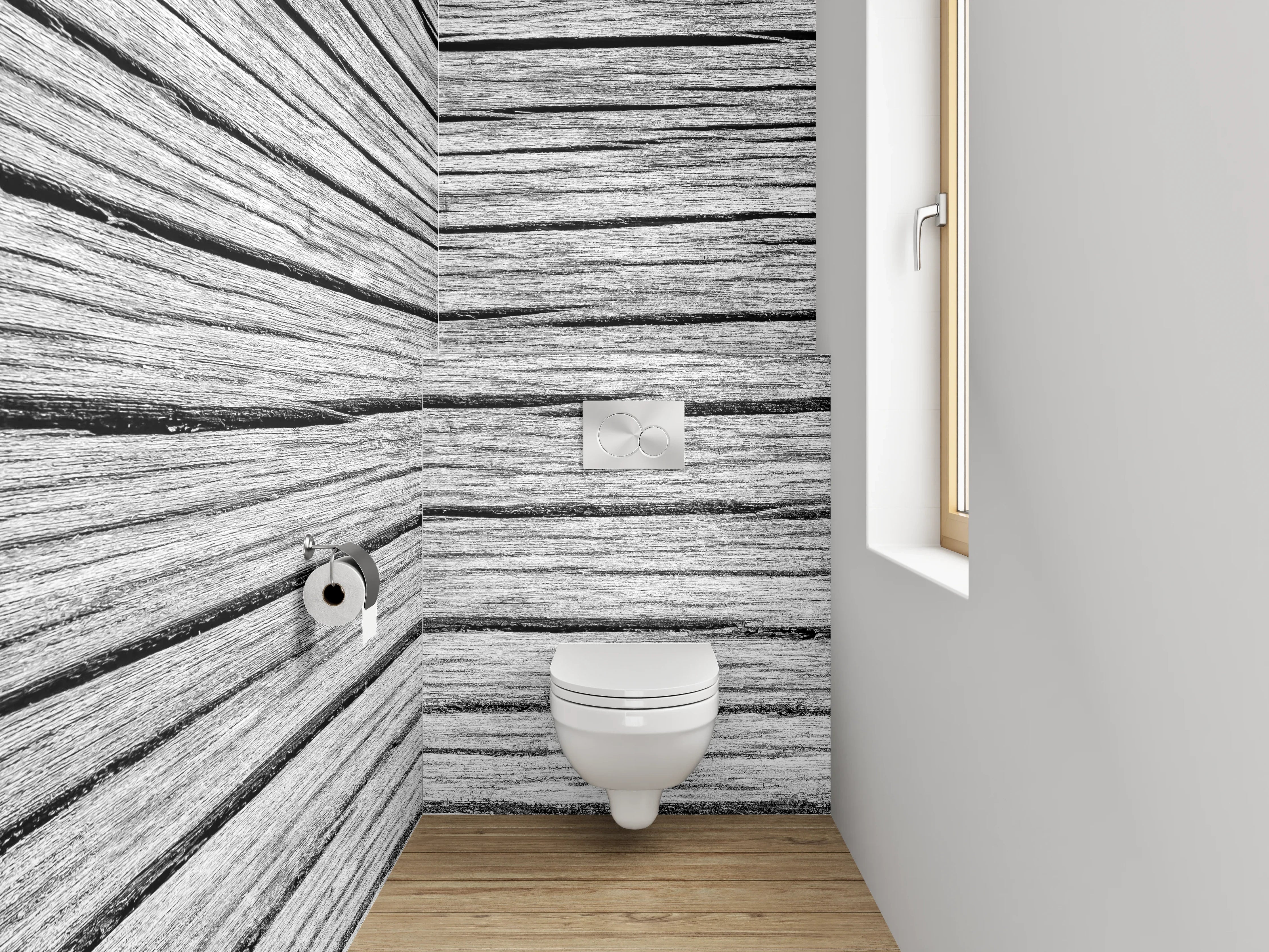 WC-Rückwand - Weiß-graue Holzstruktur-Optik