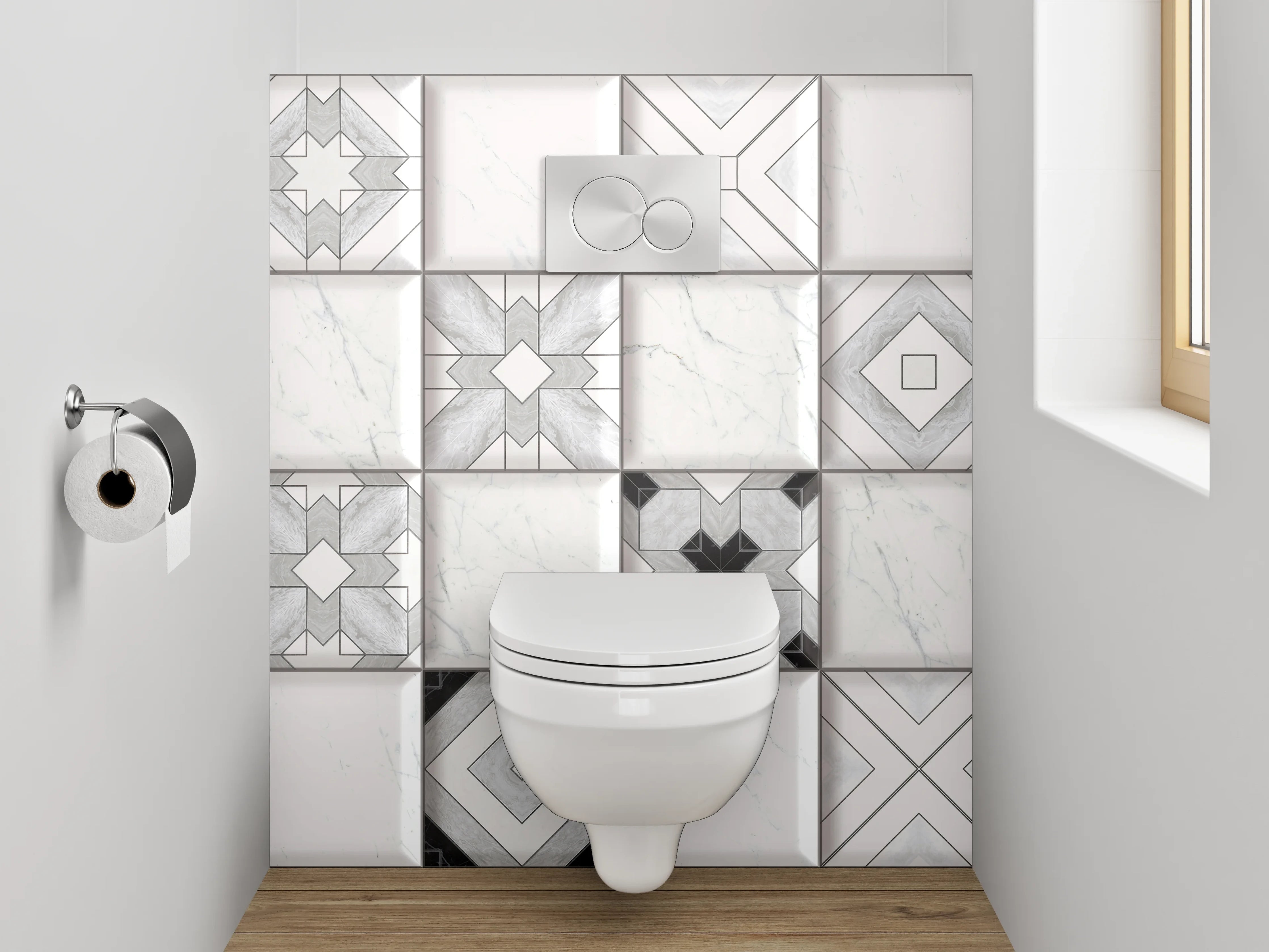 WC-Rückwand - Weiß-graue Marmor-Mosaik Fliesenmuster