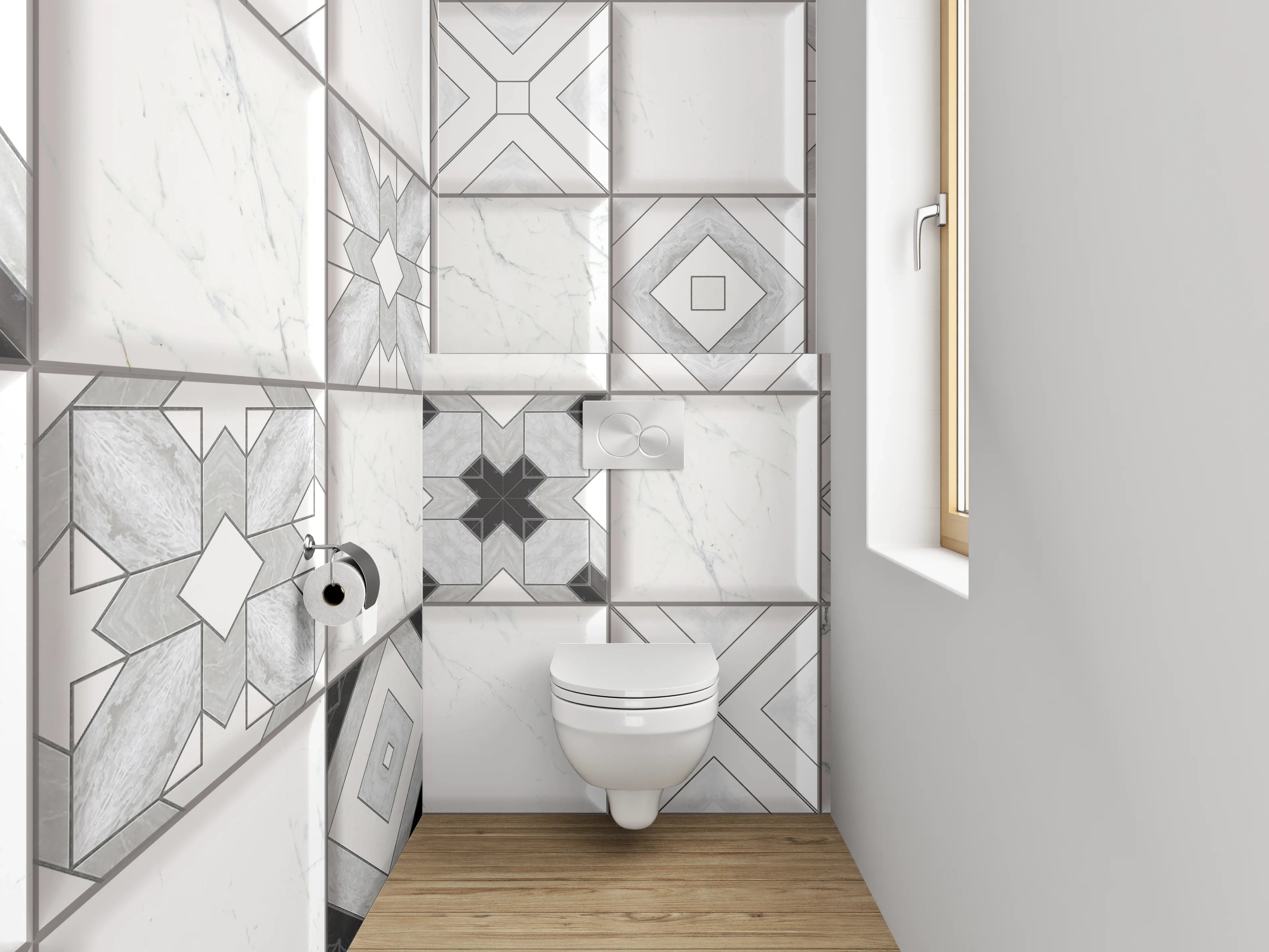 WC-Rückwand - Weiß-graue Marmor-Mosaik Fliesenmuster