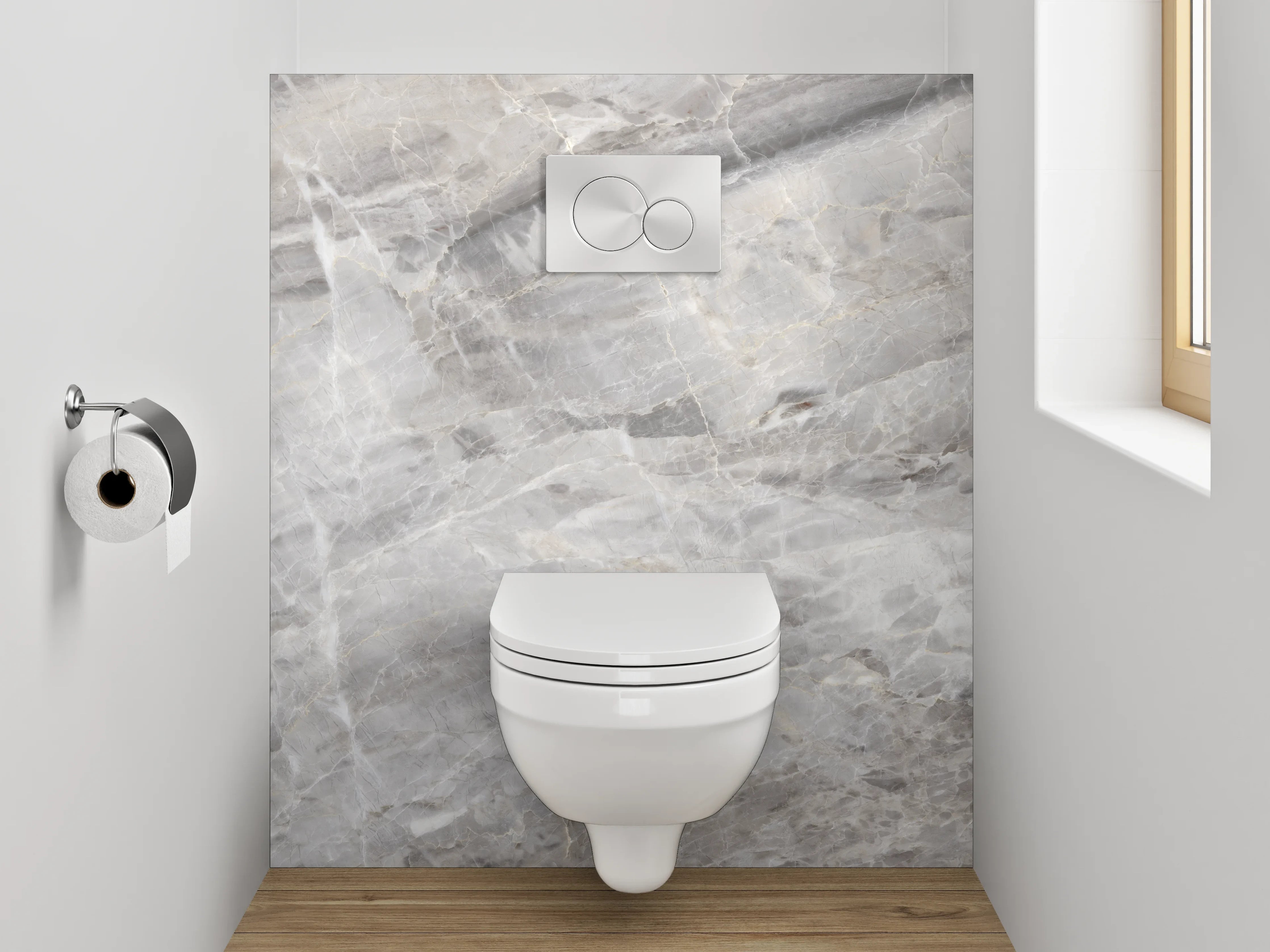 WC-Rückwand - Weiß-graue Marmoroptik Fliesen