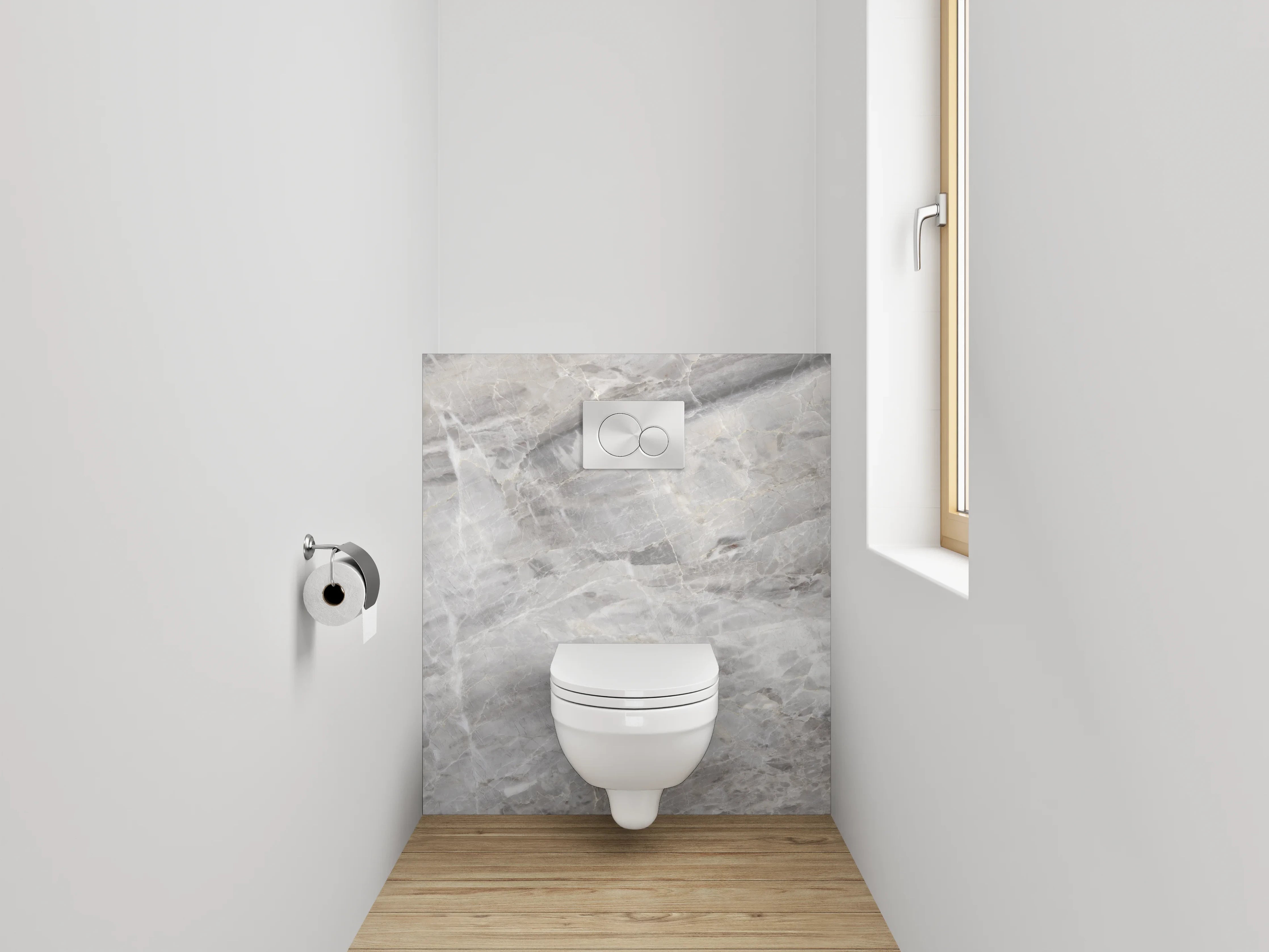 WC-Rückwand - Weiß-graue Marmoroptik Fliesen