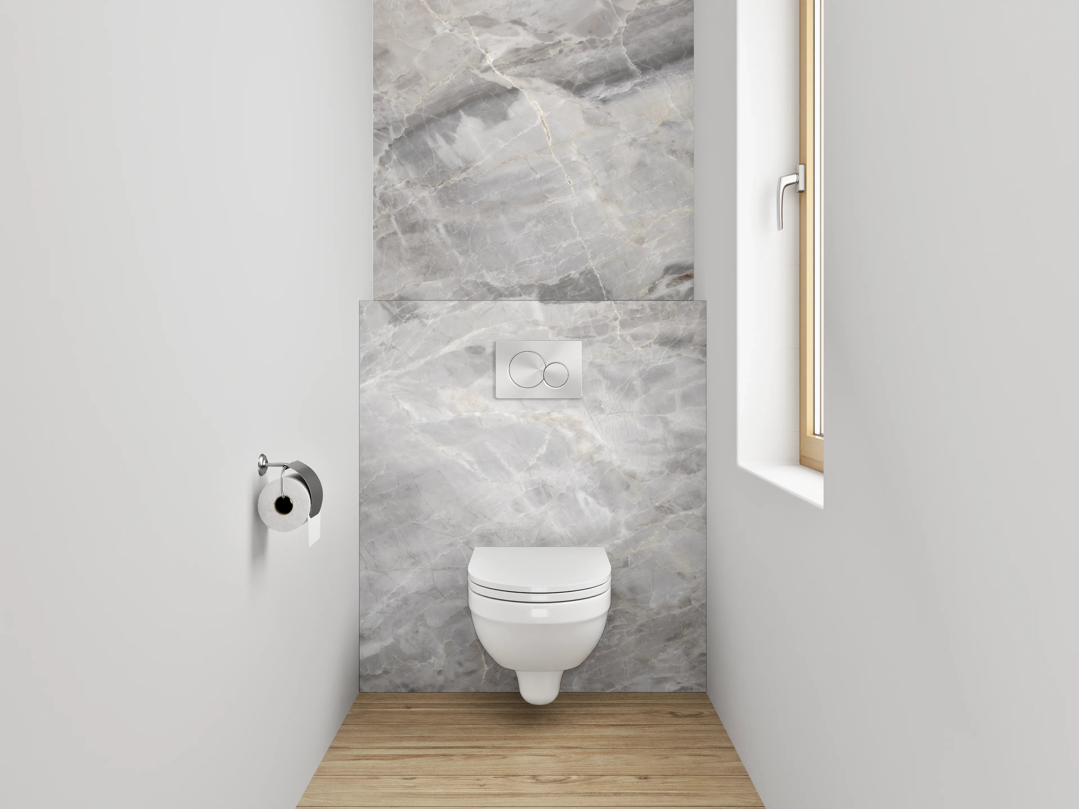 WC-Rückwand - Weiß-graue Marmoroptik Fliesen