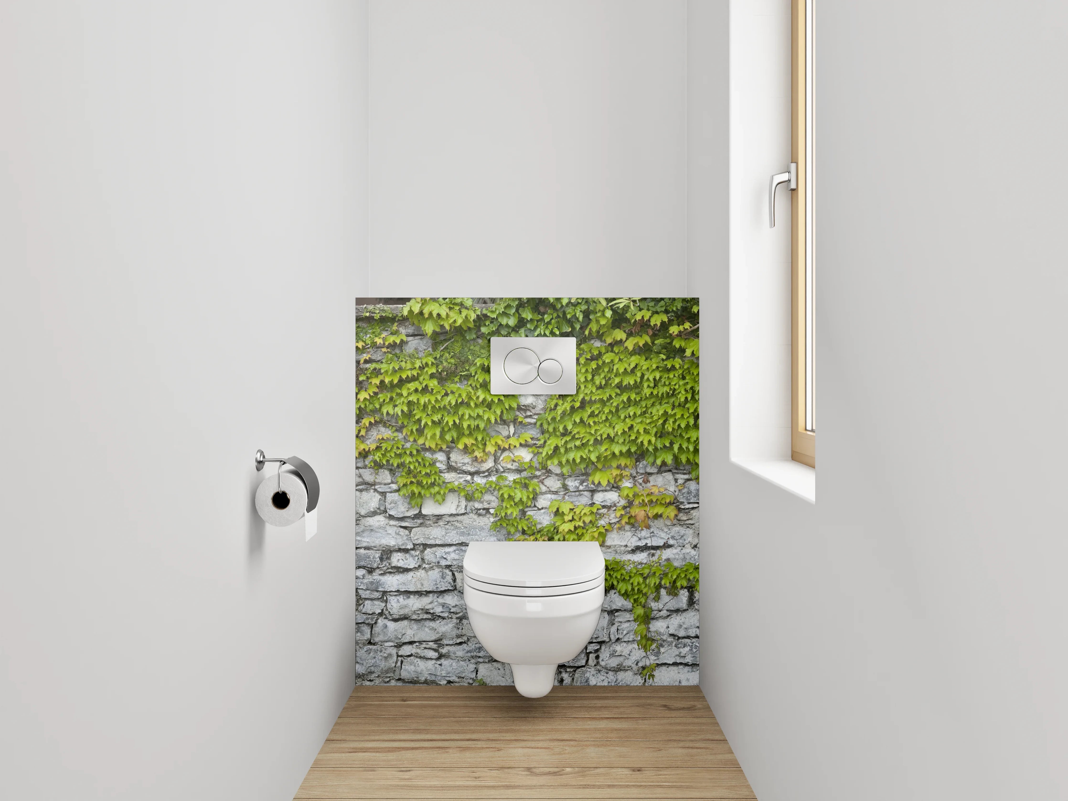 WC-Rückwand - Weiß-graue Natursteinmauer mit Rankpflanze