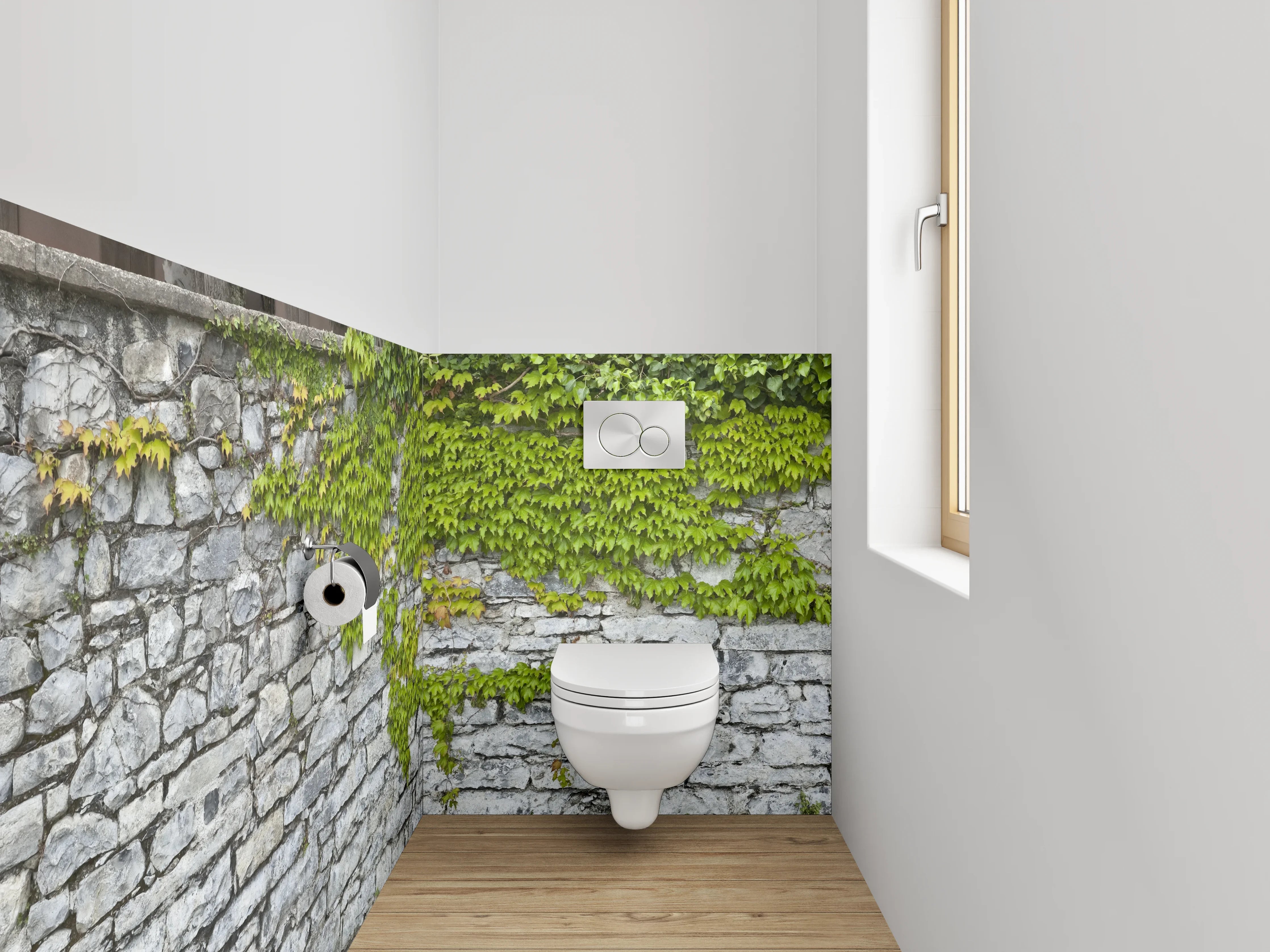 WC-Rückwand - Weiß-graue Natursteinmauer mit Rankpflanze