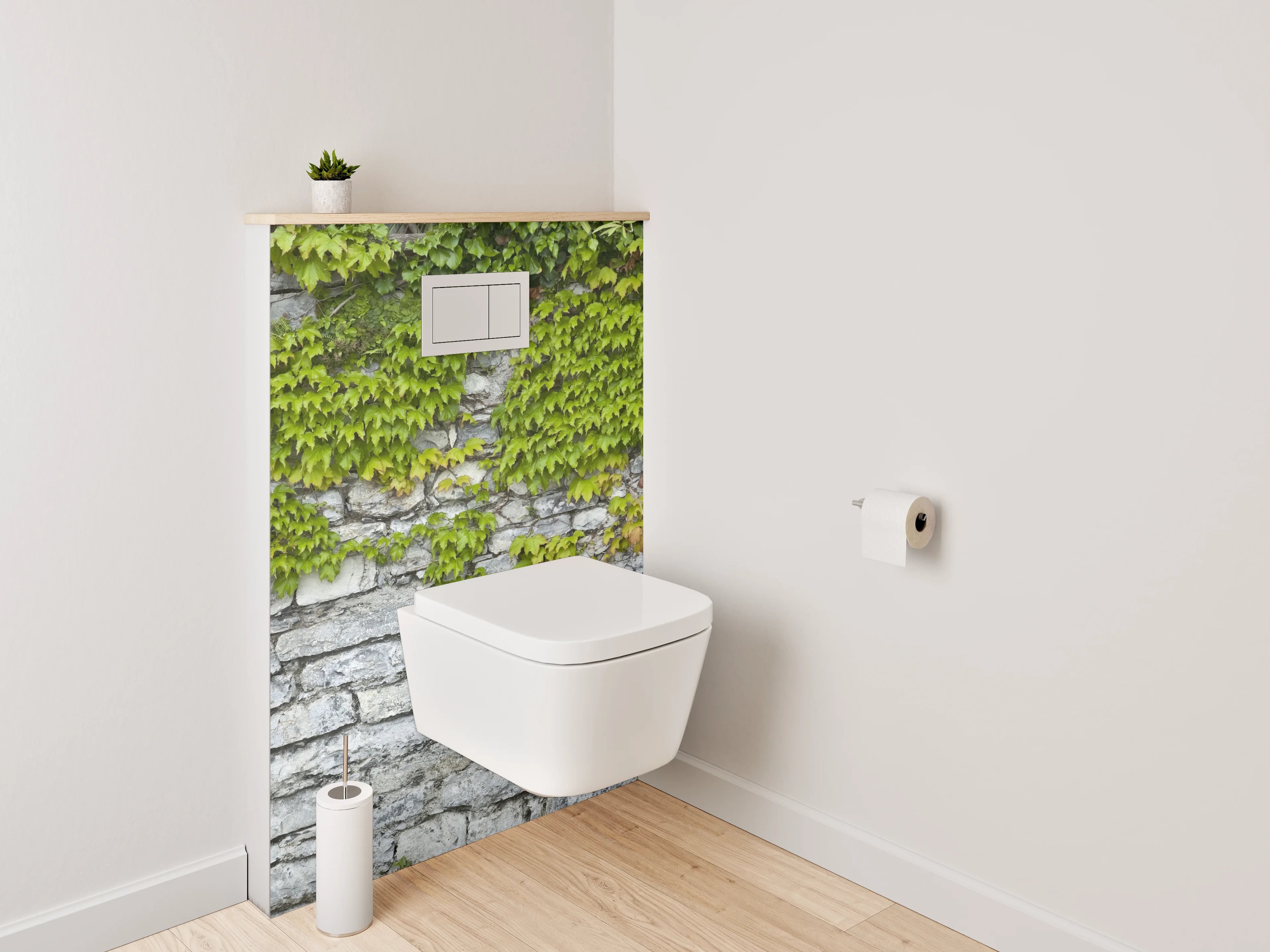 WC-Rückwand - Weiß-graue Natursteinmauer mit Rankpflanze