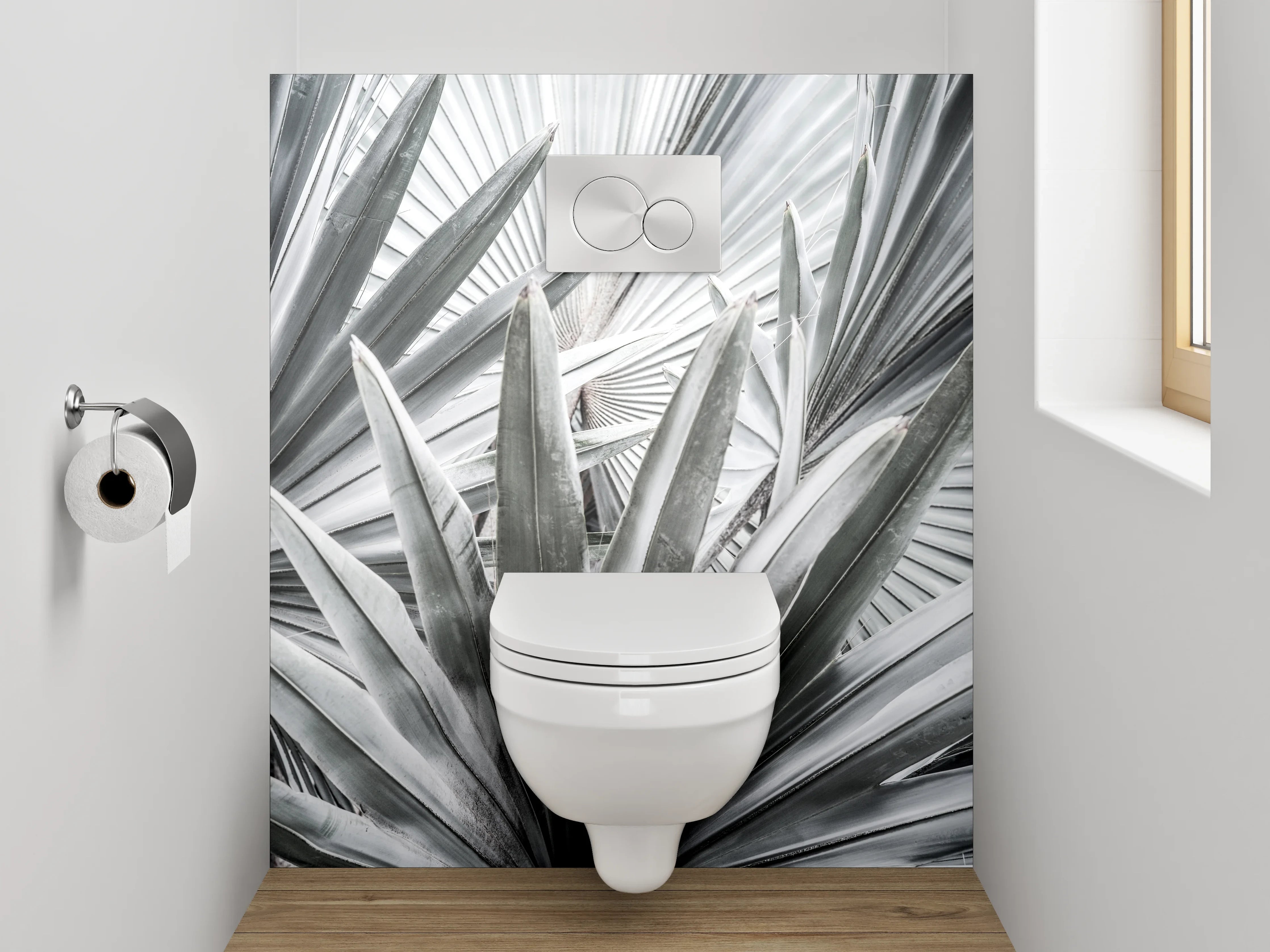 WC-Rückwand - Weiß-graue Palmenblätter Fotomotiv