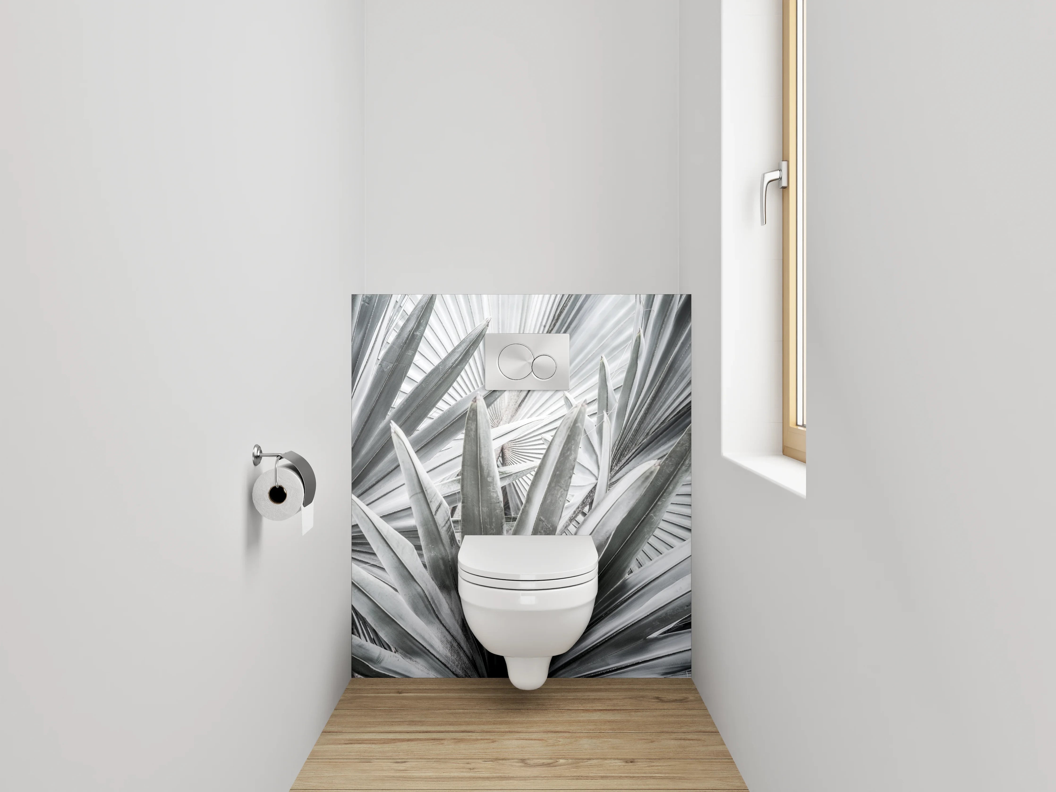 WC-Rückwand - Weiß-graue Palmenblätter Fotomotiv