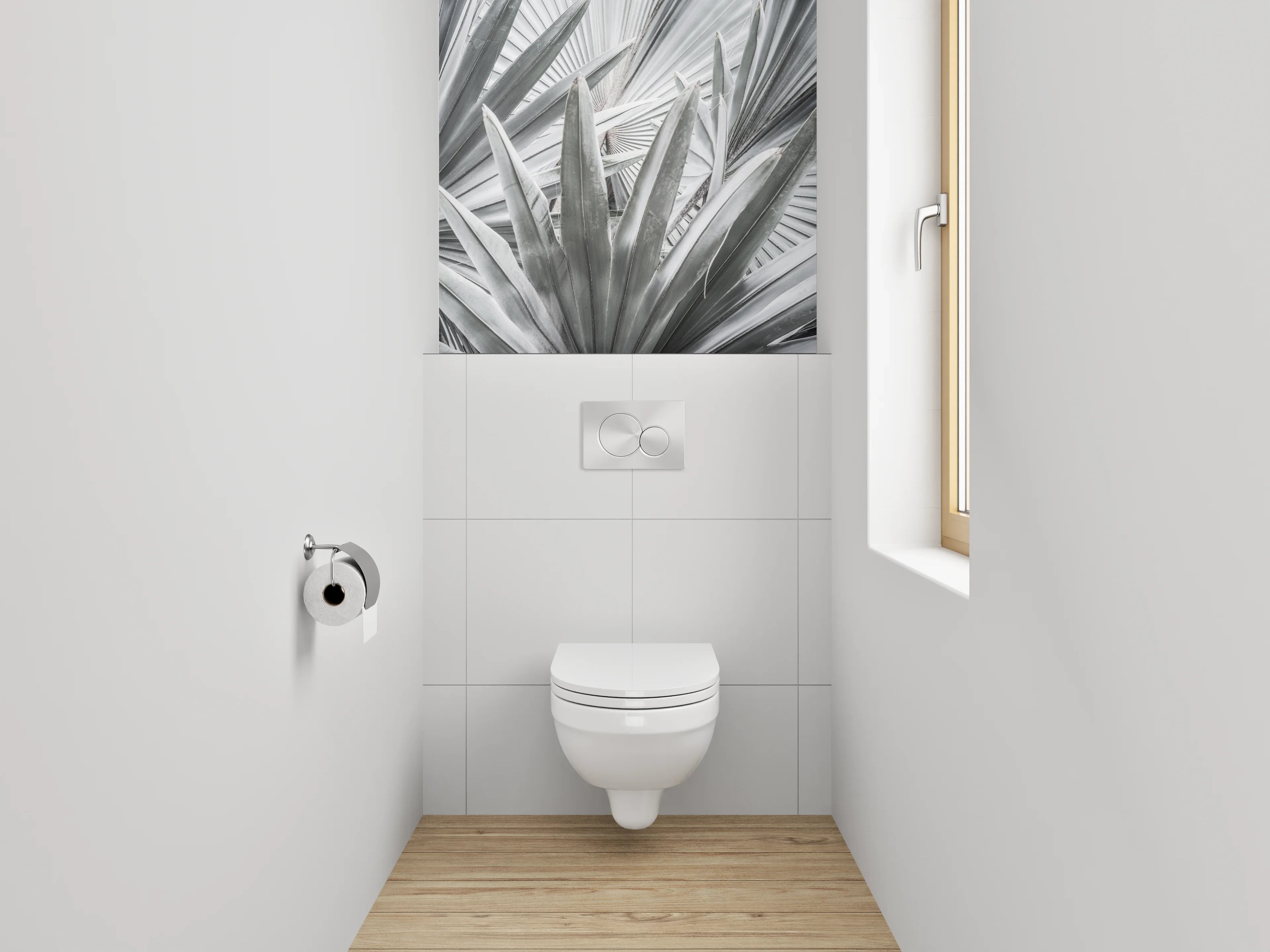WC-Rückwand - Weiß-graue Palmenblätter Fotomotiv