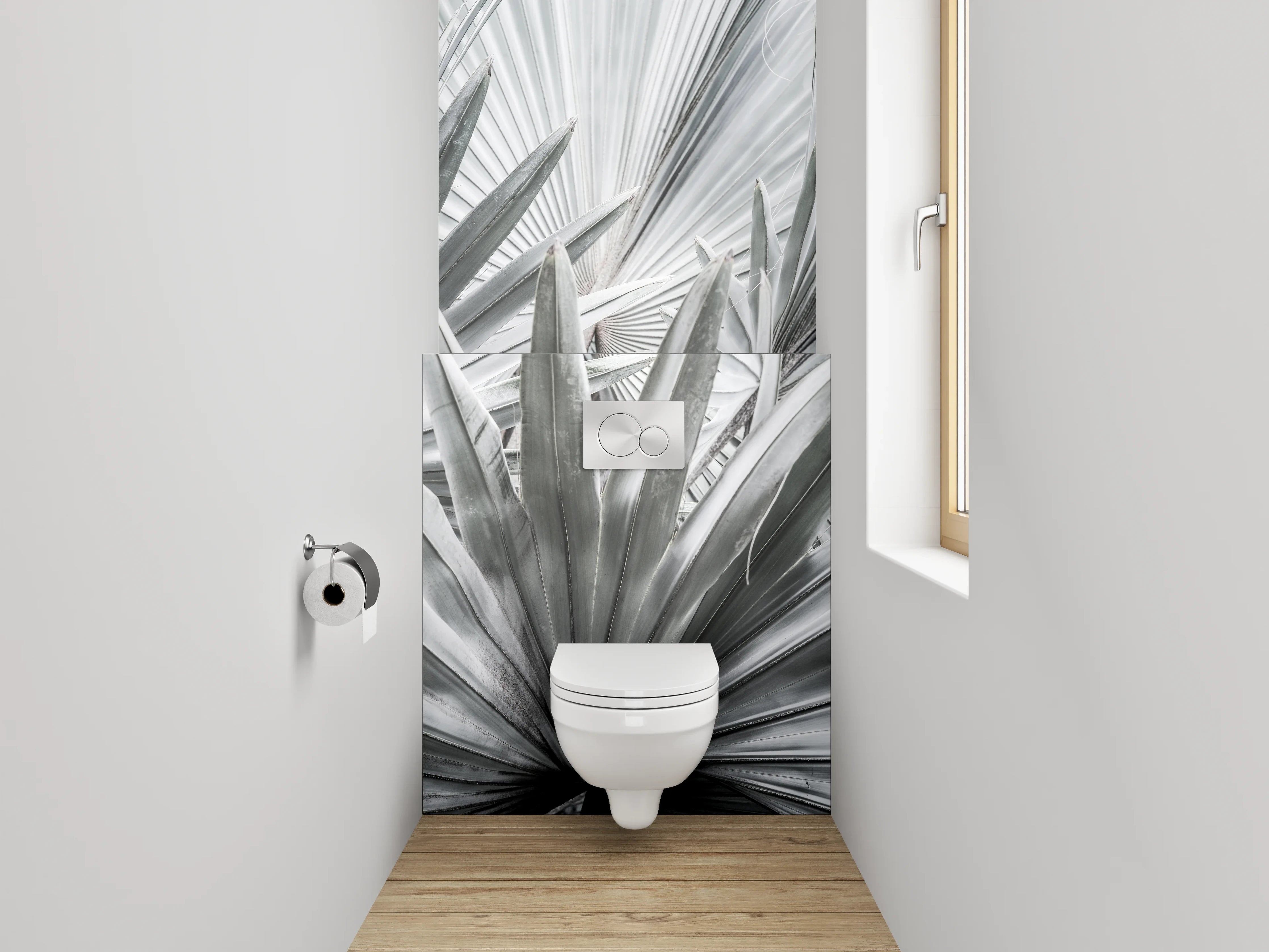 WC-Rückwand - Weiß-graue Palmenblätter Fotomotiv