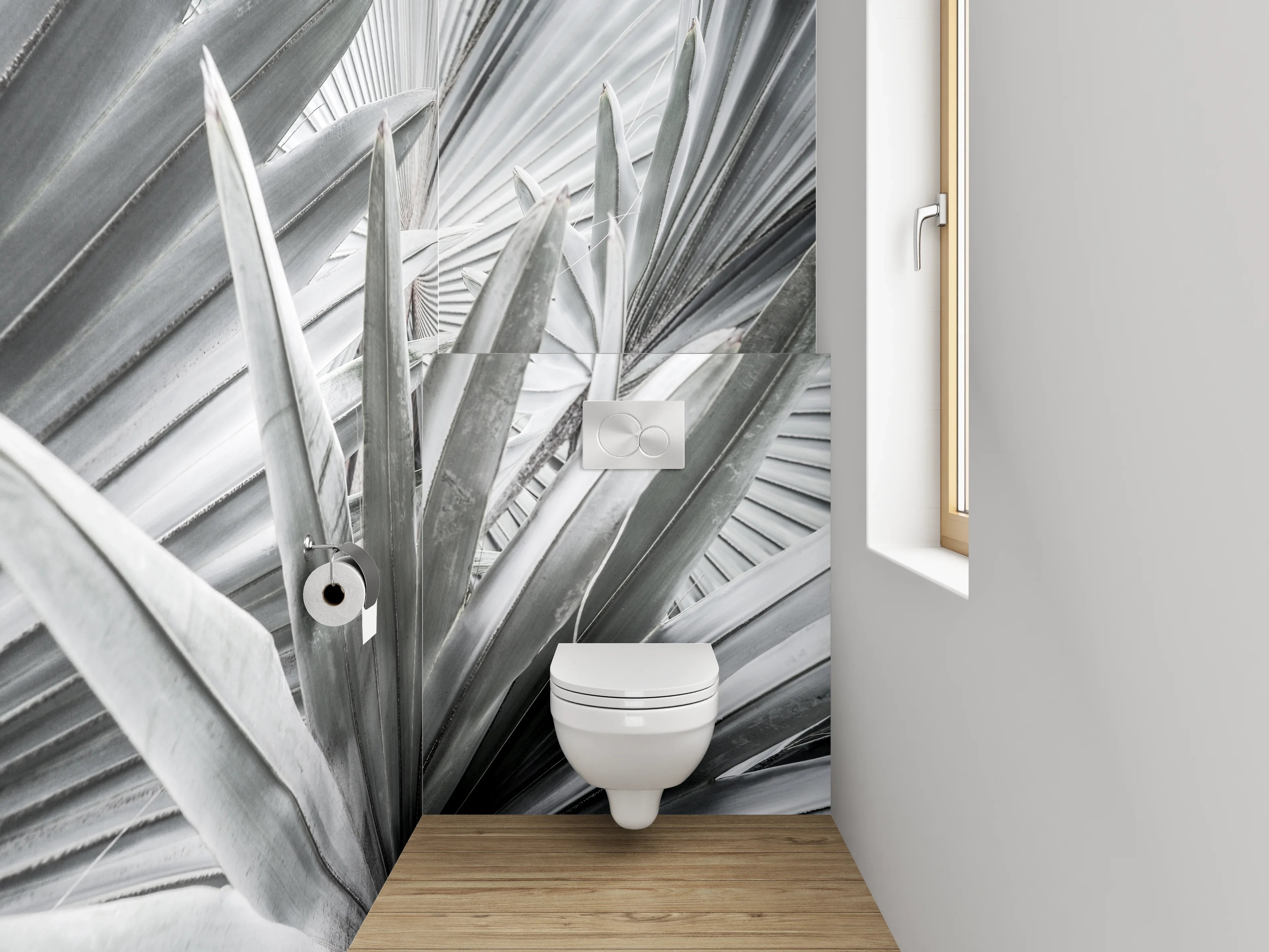 WC-Rückwand - Weiß-graue Palmenblätter Fotomotiv